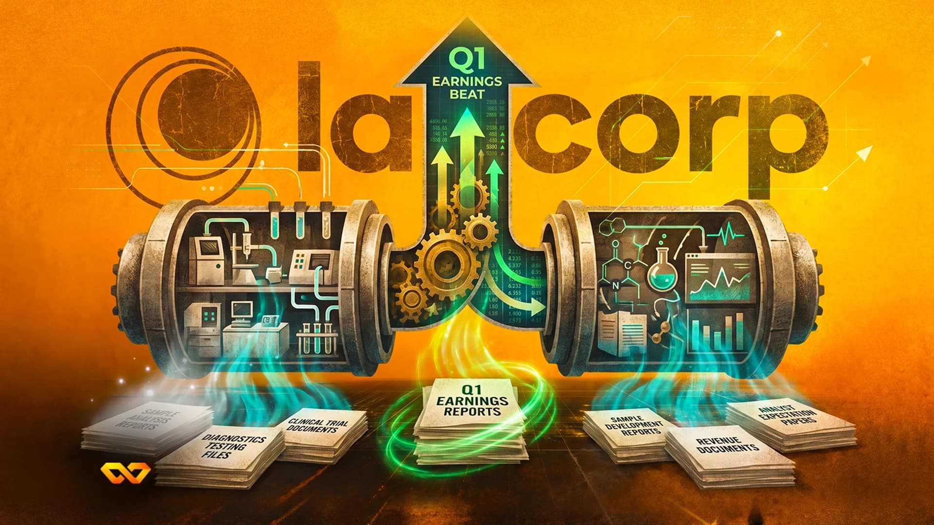 Illustration of a factory machine processing clinical documents into an upward arrow for Labcorp's Q1 earnings beat.