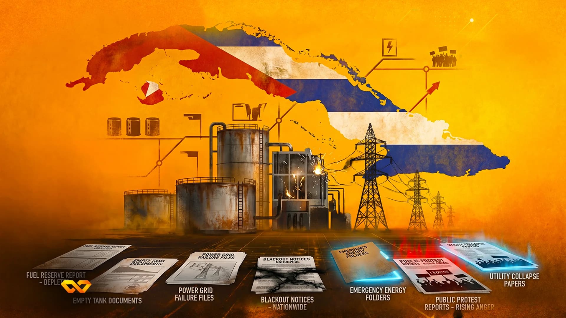 Illustration of Cuba's map over an industrial power plant, electricity pylons, and documents about energy failure.