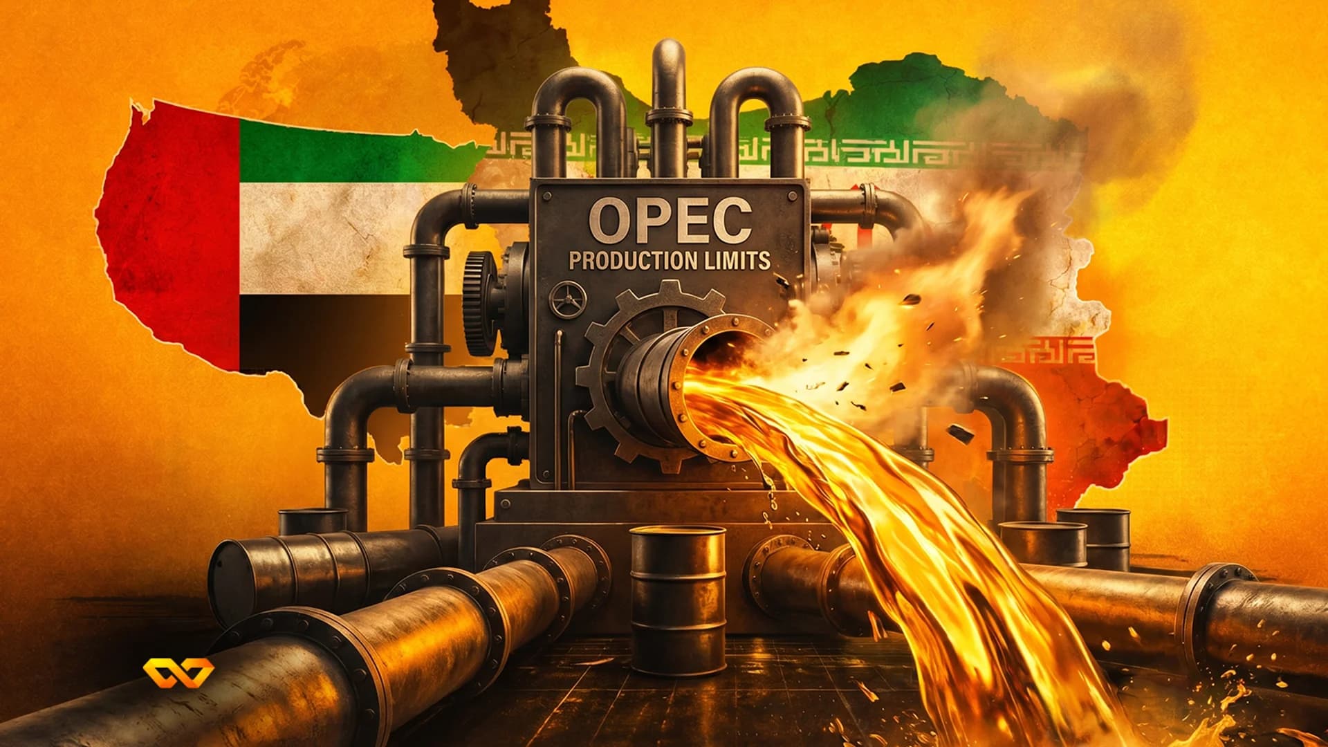 Industrial machine labeled OPEC PRODUCTION LIMITS pouring liquid gold against a map with UAE and Iran flags.