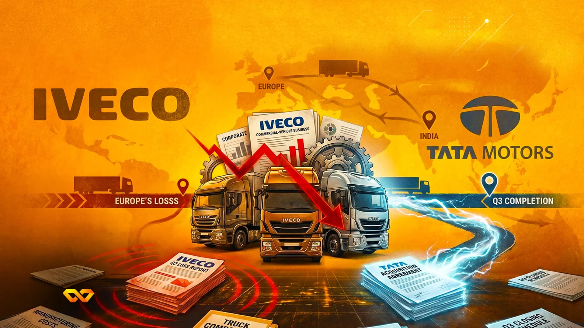 Illustration of Iveco trucks, a red downward arrow, and documents for a Tata Motors acquisition agreement.