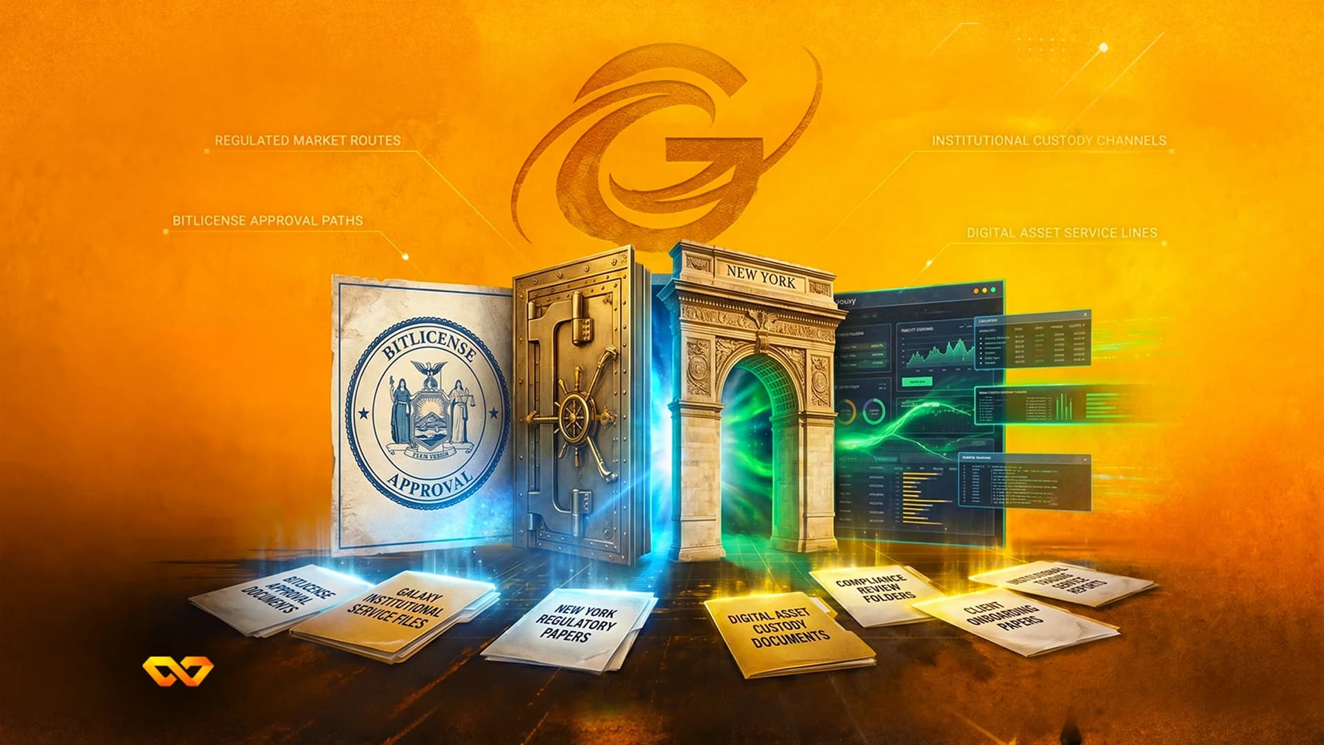 Digital illustration of a vault, a New York archway, a BitLicense seal, and regulatory folders on an orange background.