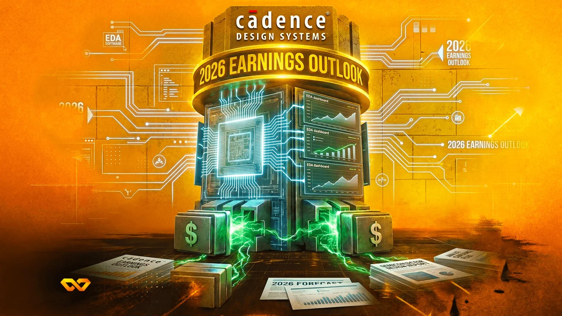 آلة مستقبلية تحمل شعار كادنس، ومعالج دقيق متوهج، ولافتة توقعات أرباح 2026 على خلفية برتقالية.