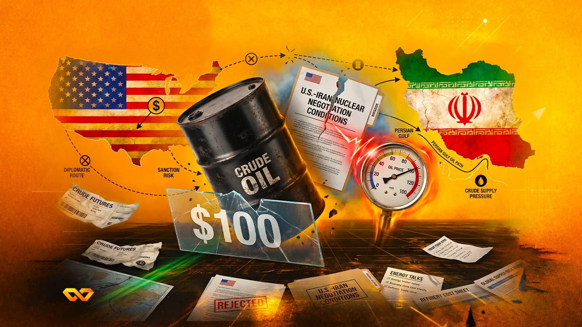Donald Trump's portrait over a map of Iran, oil refineries, barrels, and a rising financial chart in fiery tones.