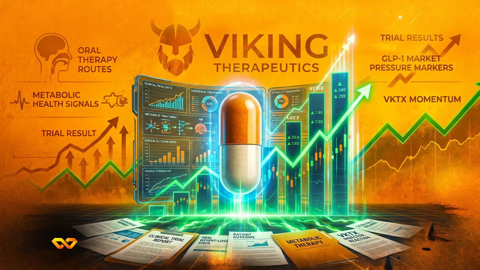 Digital illustration of a Viking Therapeutics logo above a large pill, surrounded by rising charts and medical reports.