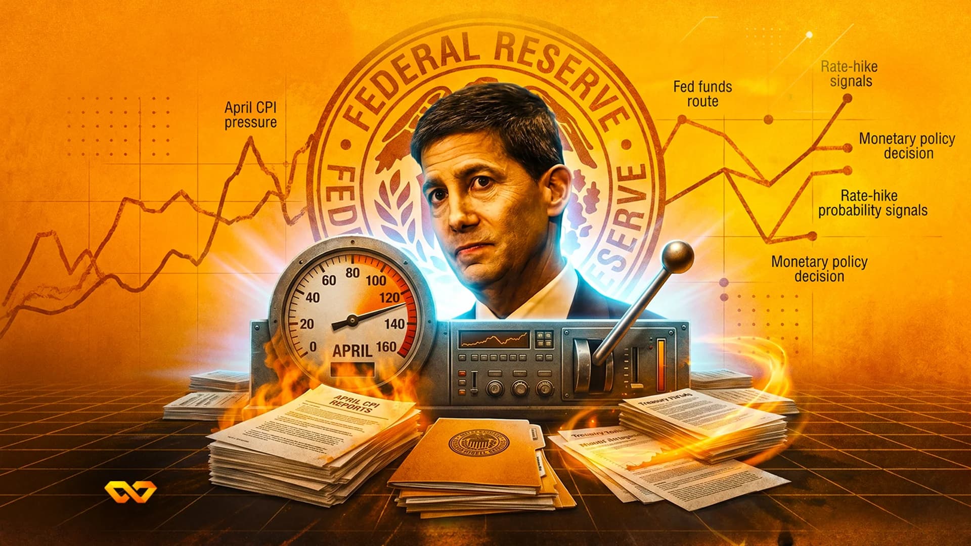 Illustration of Jerome Powell with a Federal Reserve seal, a pressure gauge, and stacks of financial reports.