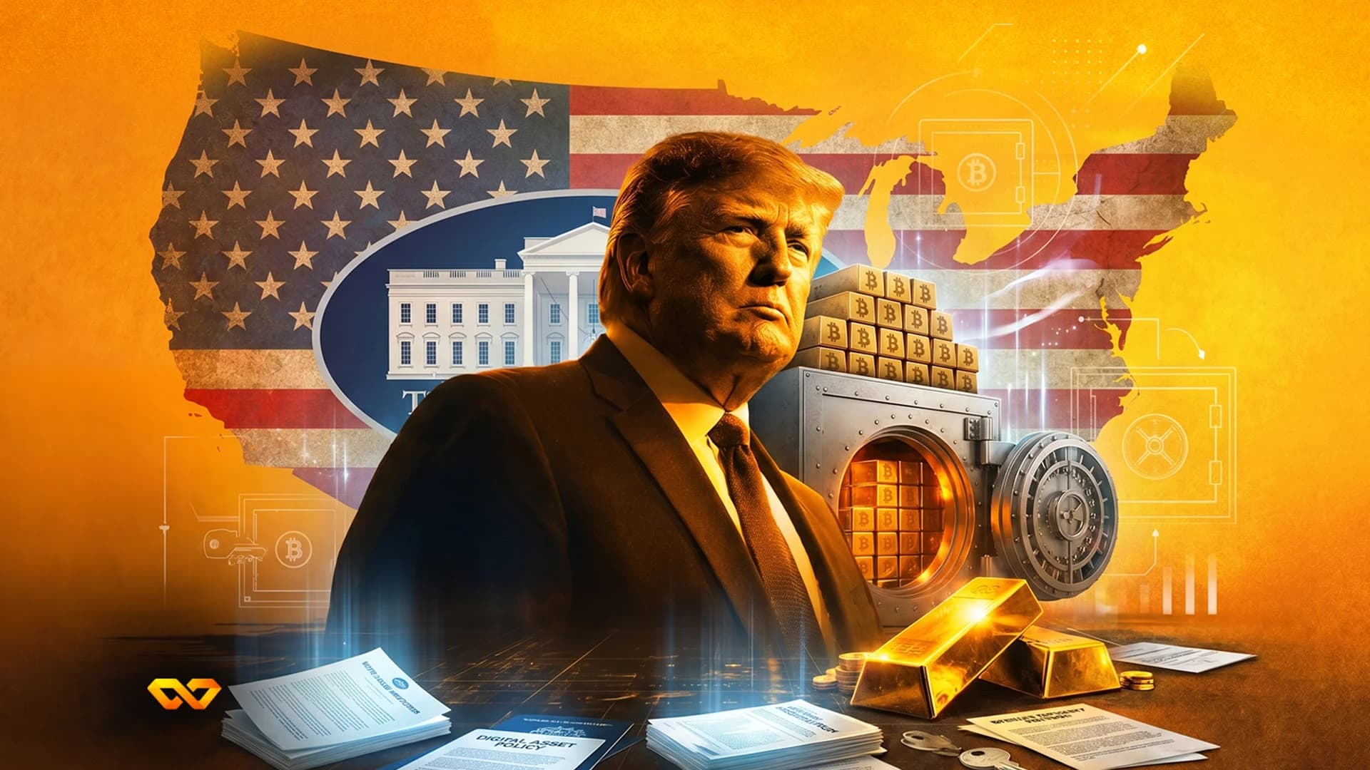 Donald Trump portrait with gold bars, a vault, Bitcoin symbols, and the US flag on an orange background.