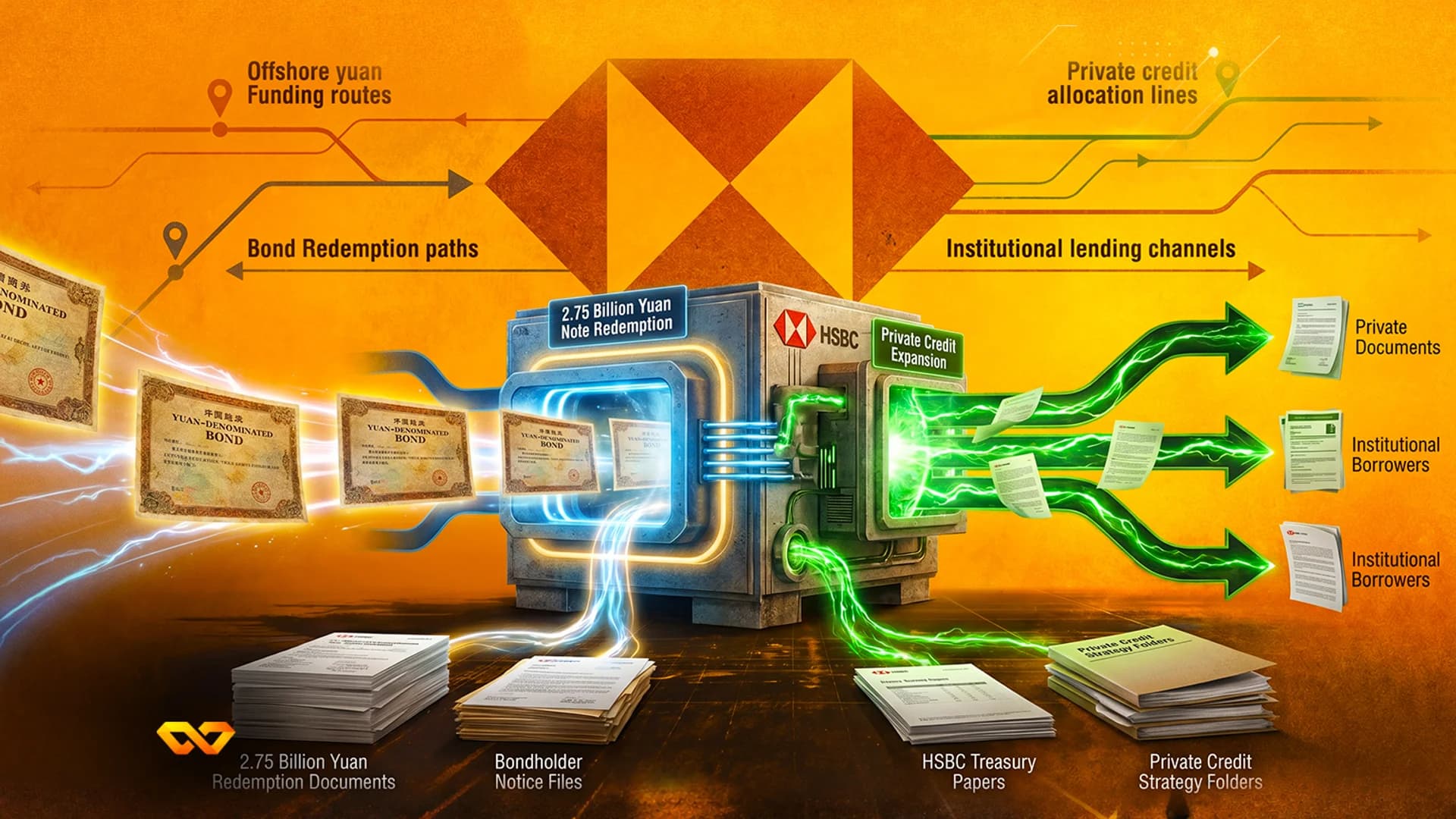 Futuristic machine with HSBC logo processing yuan bonds into private credit documents on an orange background.