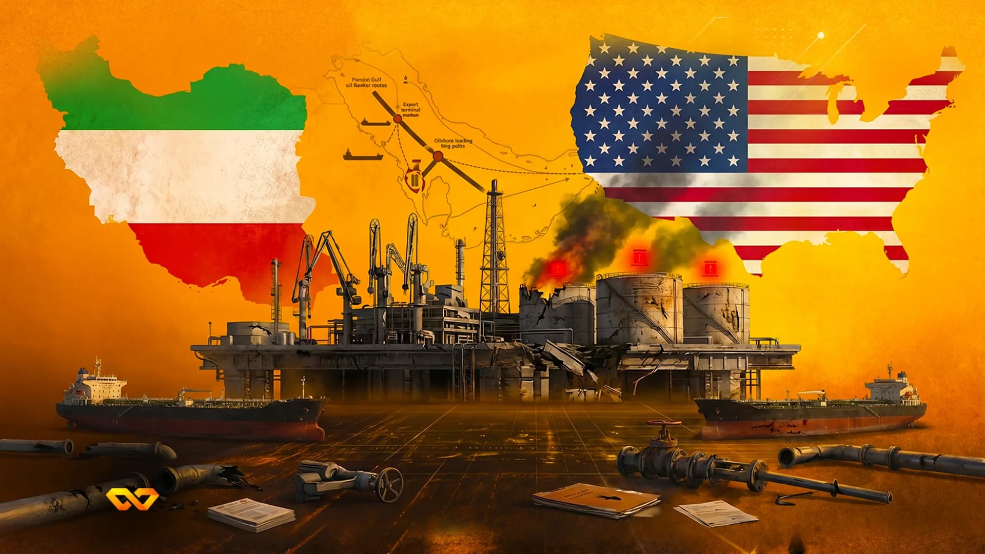 Illustration of Iran and US flag maps over a damaged oil refinery and tankers in the Persian Gulf.