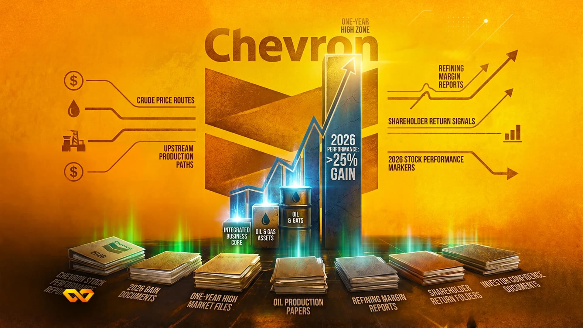Digital illustration of Chevron logo with a rising bar chart, oil barrels, and financial folders on orange background.