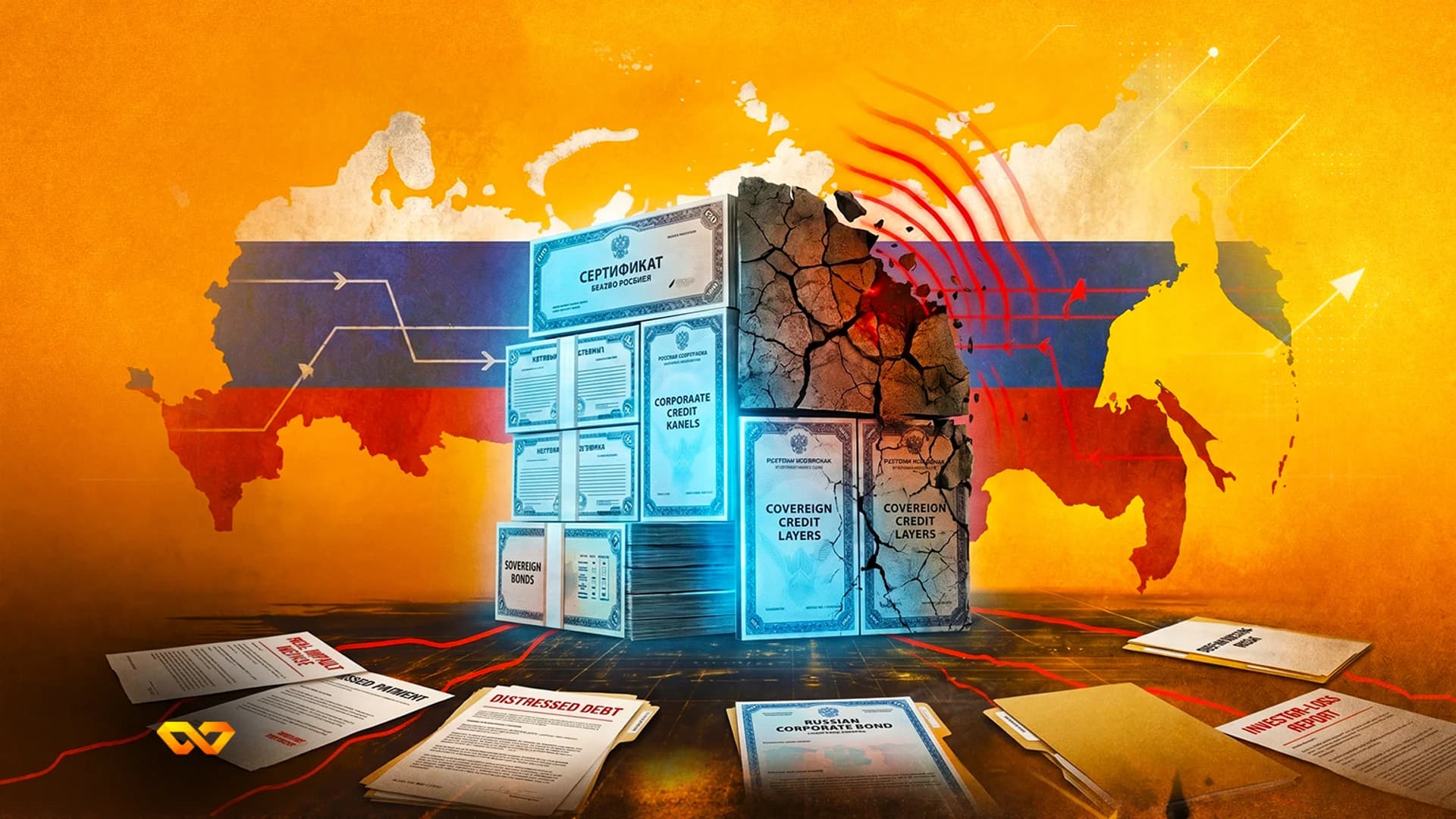 Crumbling stack of Russian bond certificates against a map of Russia with red shockwaves and scattered documents.