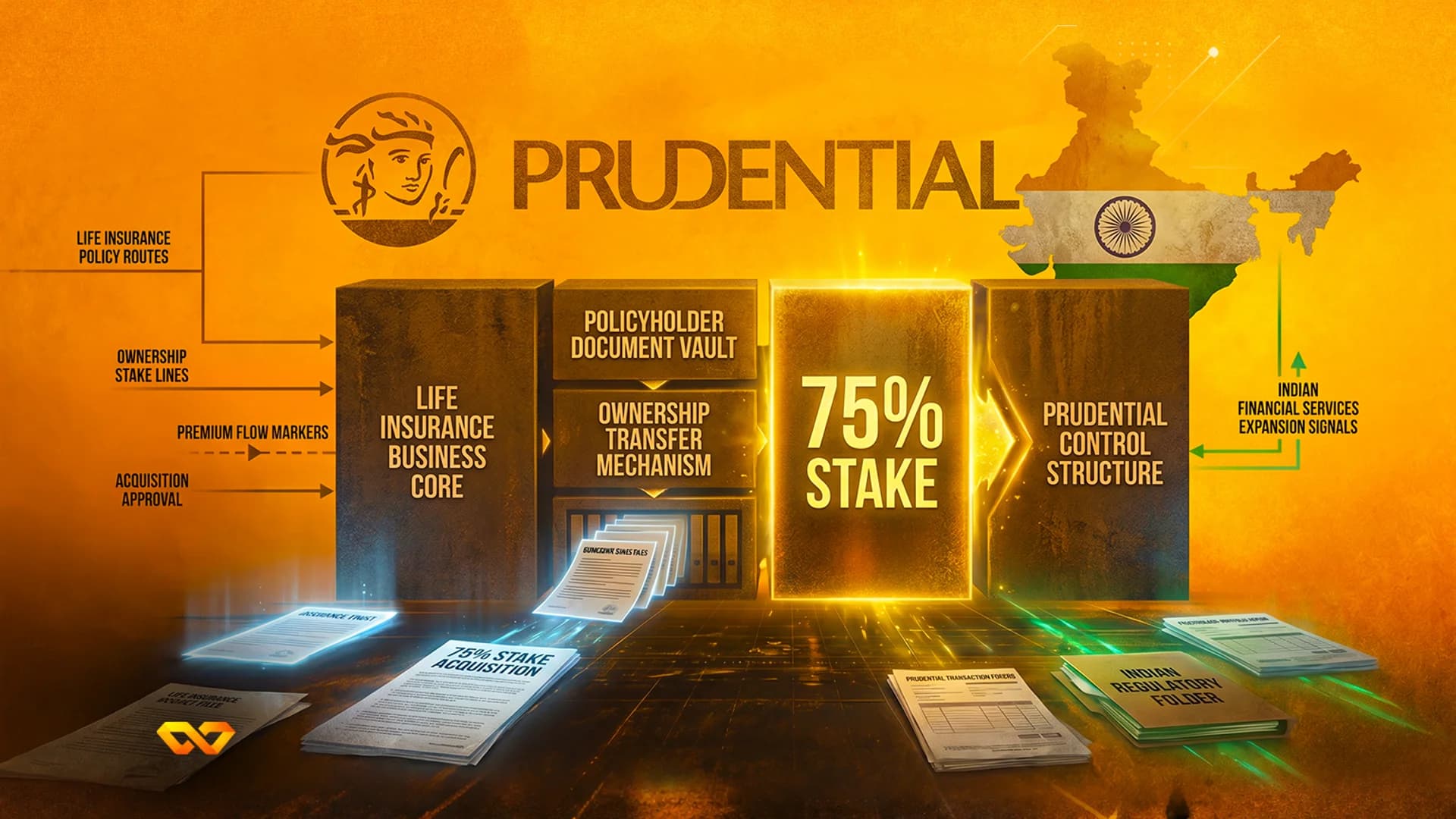 Infographic with Prudential logo, a 75% stake highlight, and a map of India on an orange background.