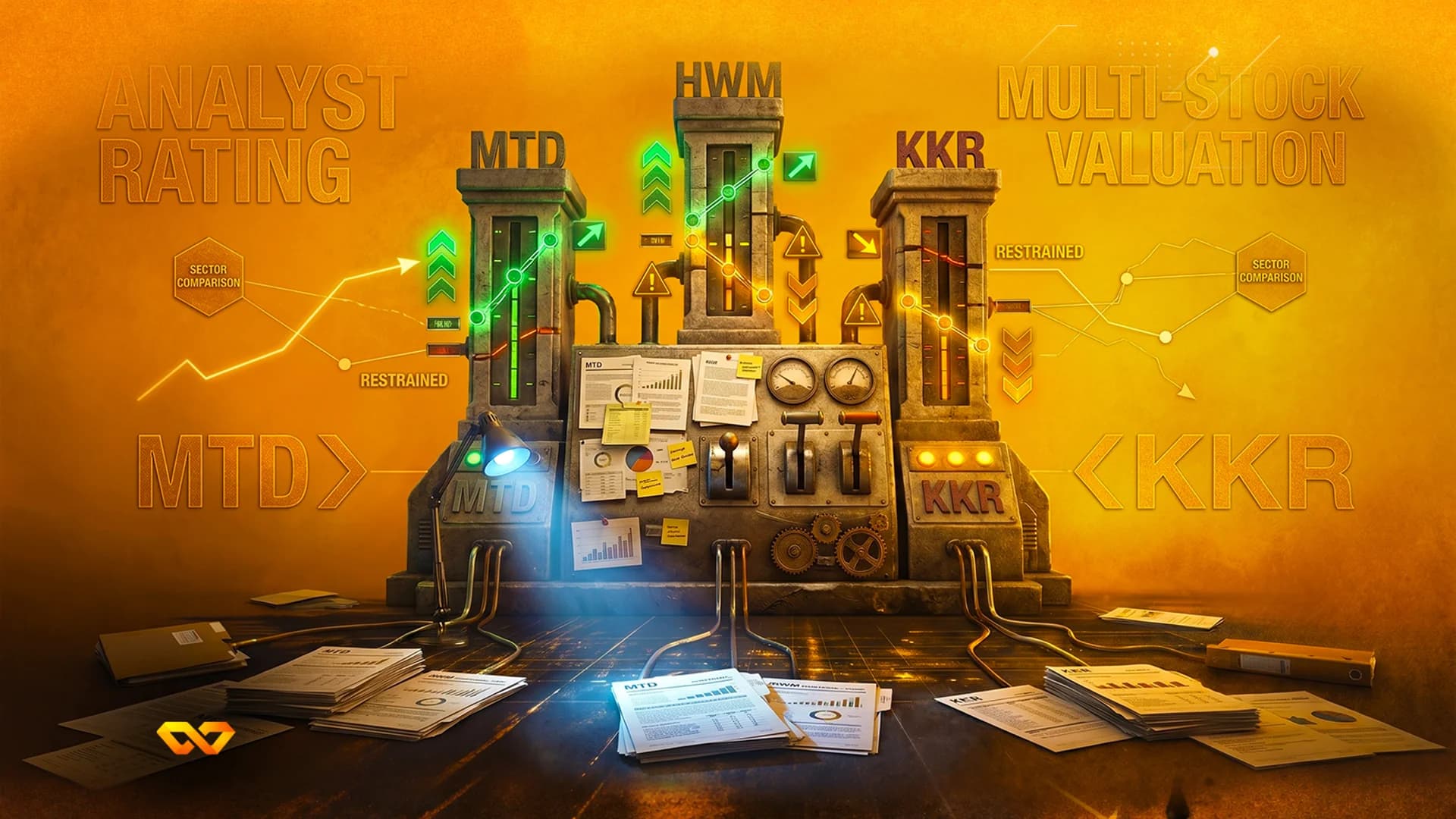 Steampunk machine with pillars labeled MTD, HWM, and KKR, featuring glowing charts, gauges, and scattered documents.