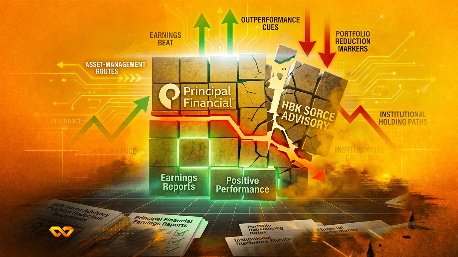 Digital illustration of stone cubes with the Principal Financial logo, red and green arrows, and financial documents.