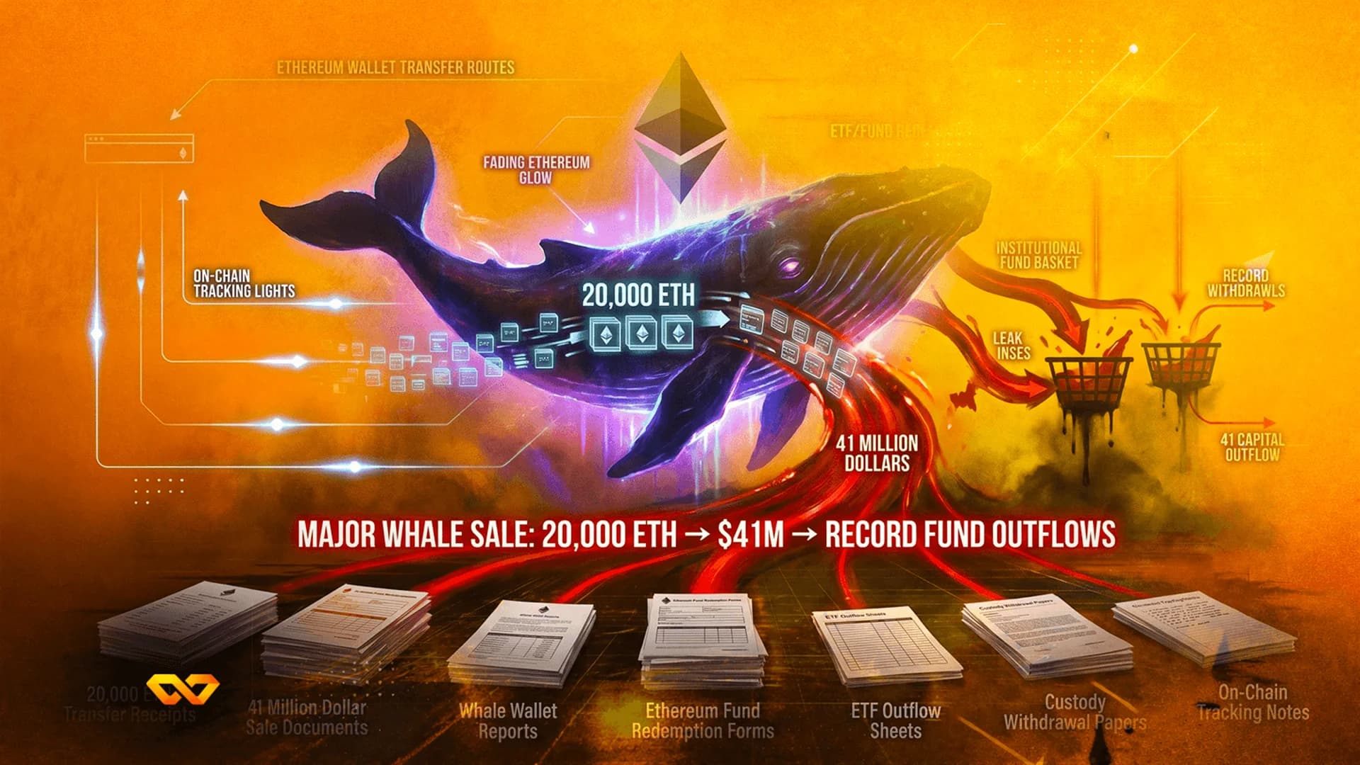 Digital illustration of a blue whale with an Ethereum logo, surrounded by financial documents and flow arrows.