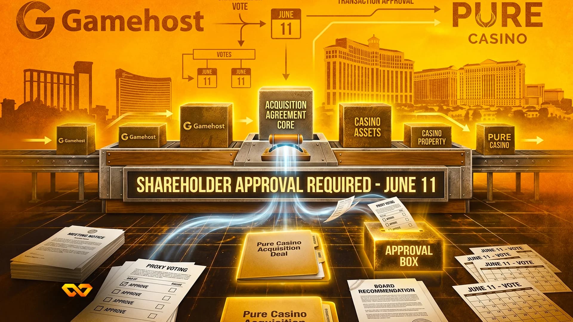 Illustration of a corporate acquisition process between Gamehost and Pure Casino with documents and a conveyor belt.