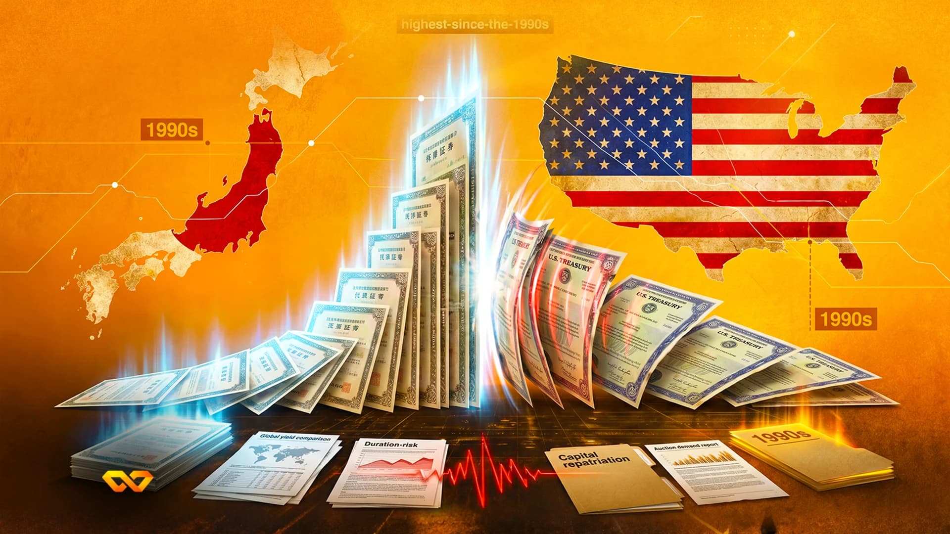 Illustration of Japanese and US bond certificates between maps of Japan and the United States on an orange background.