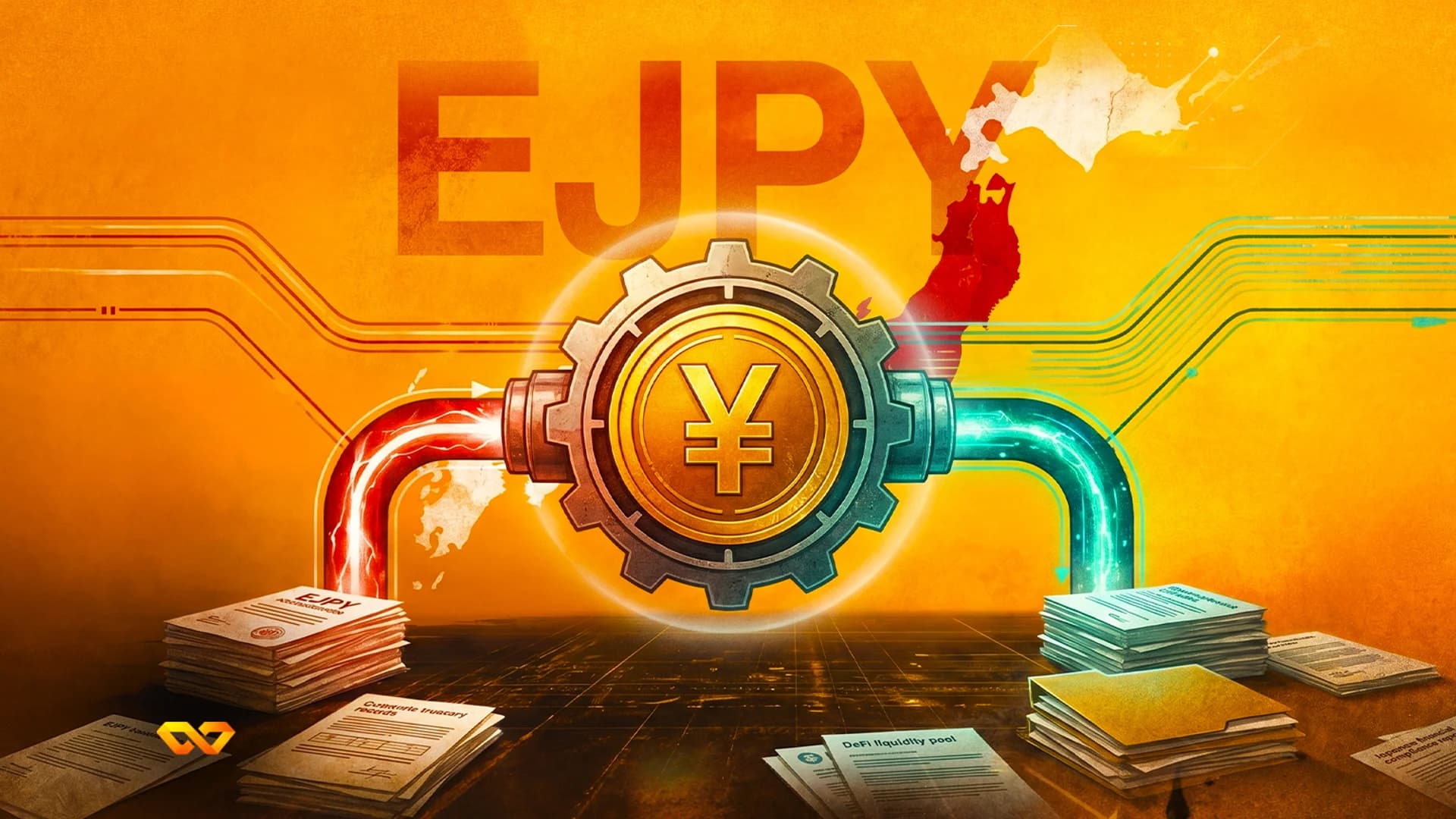 A gold Yen coin inside a gear connected to two glowing pipes, with EJPY text and a map of Japan in the background.