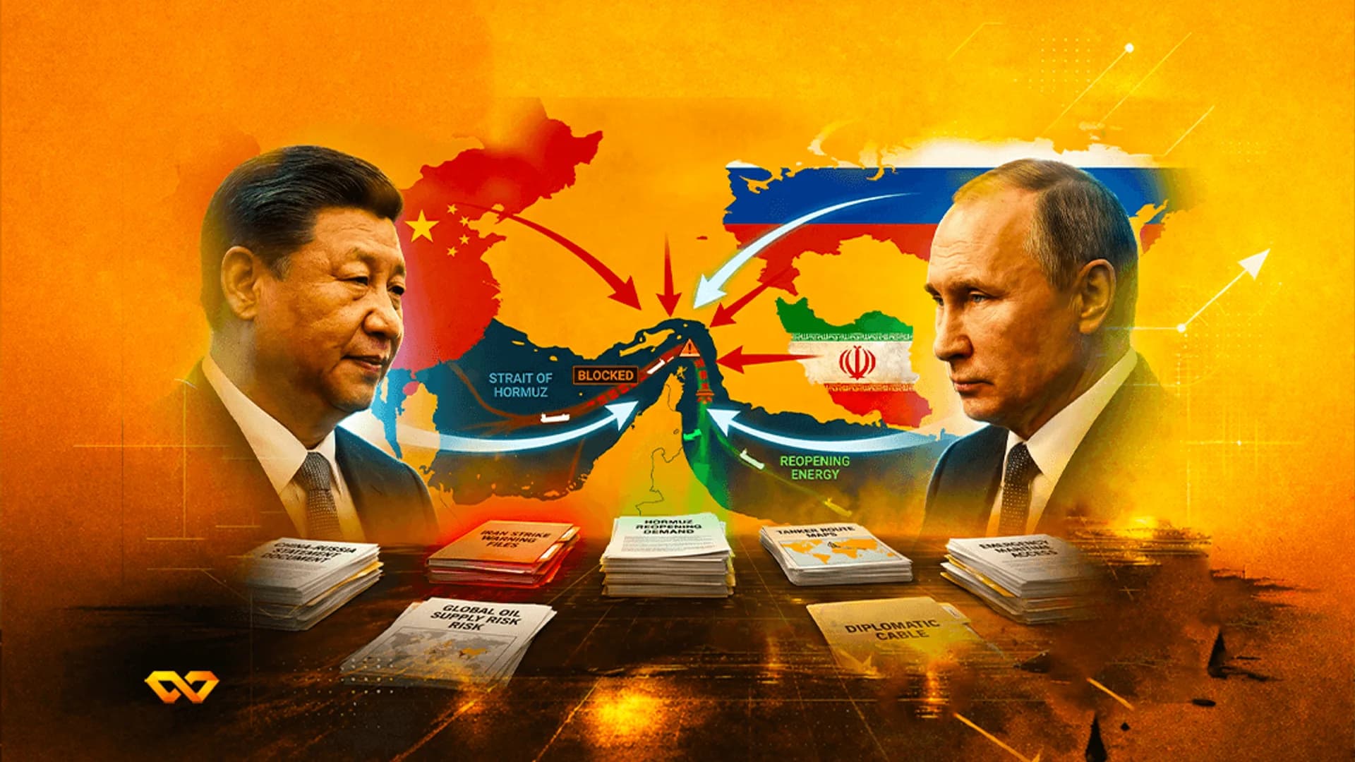 Portraits of Xi Jinping and Vladimir Putin flanking a map of the Strait of Hormuz with oil supply documents below.