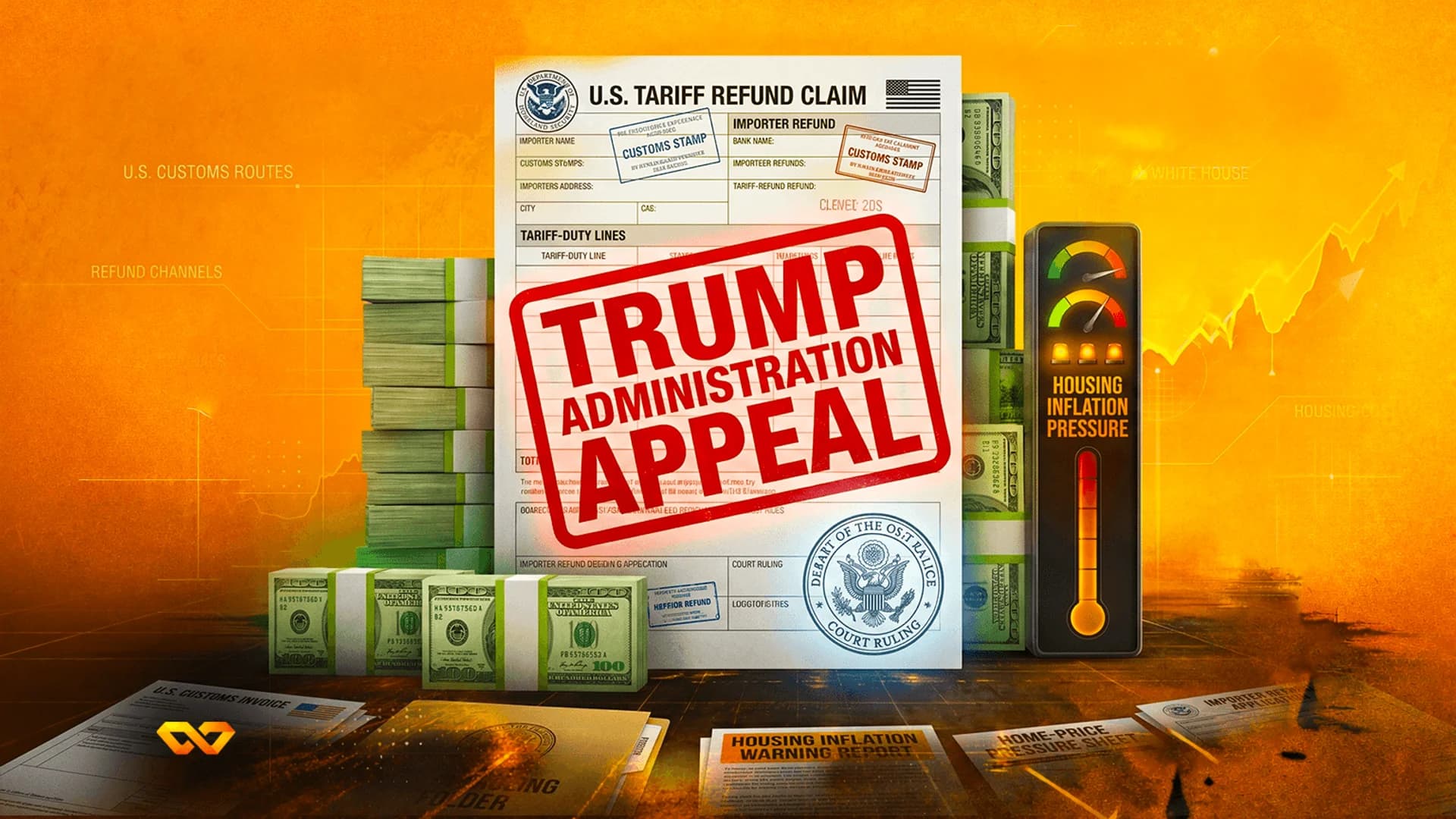 U.S. Tariff Refund Claim document with a red Trump Administration Appeal stamp, stacks of dollars, and a pressure gauge.