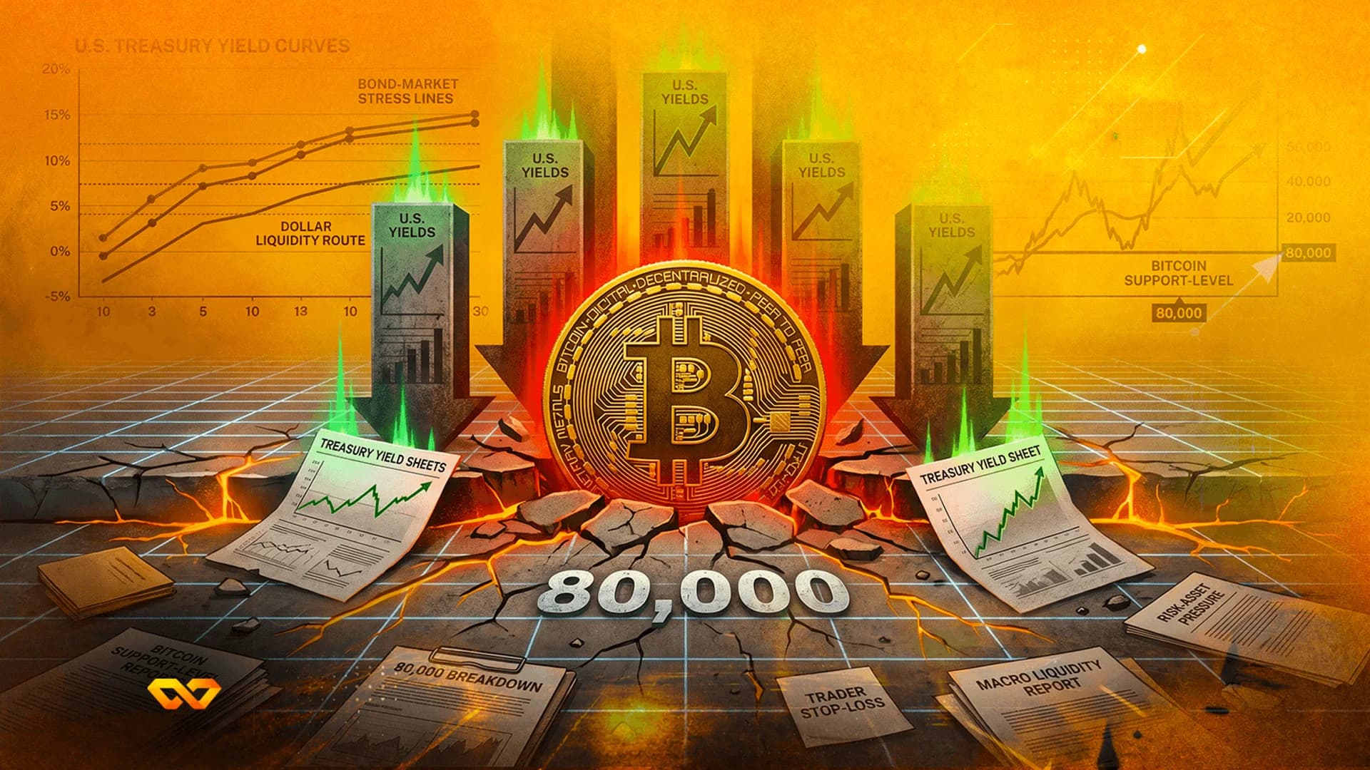 عملة بيتكوين تستقر على أرض متصدعة وسط أعمدة تحمل عبارة عوائد الولايات المتحدة ووثائق مالية مبعثرة.
