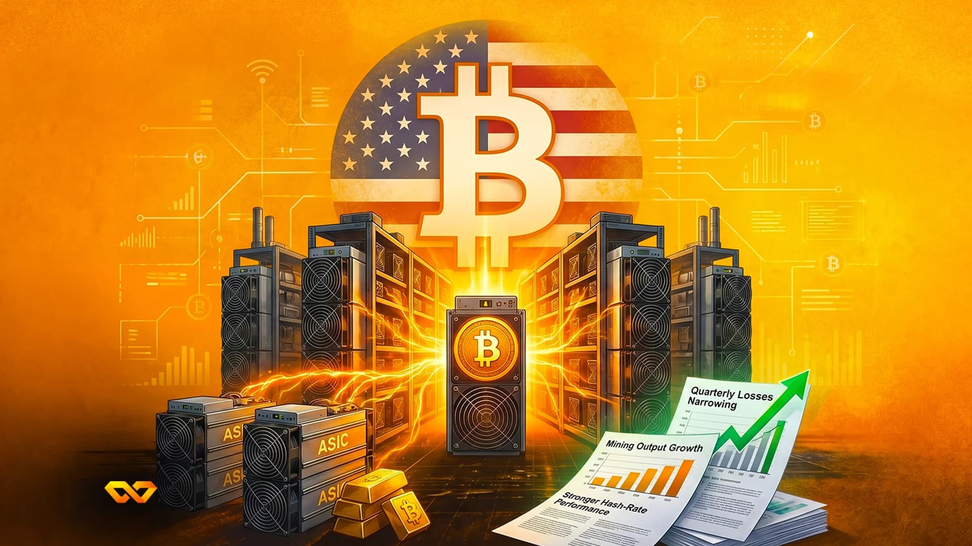 Bitcoin logo over a US flag with ASIC mining rigs and financial reports showing growth charts on an orange background.