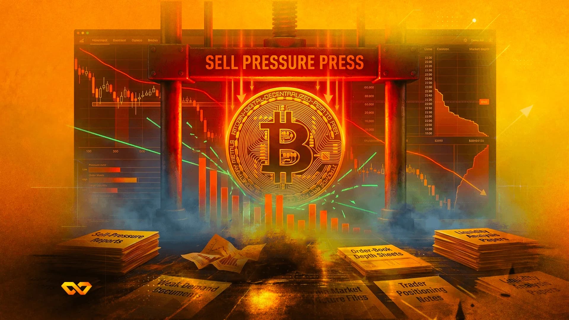 عملة بيتكوين تحت مكبس صناعي أحمر مكتوب عليه 'SELL PRESSURE PRESS' مع رسوم بيانية هابطة في الخلفية.