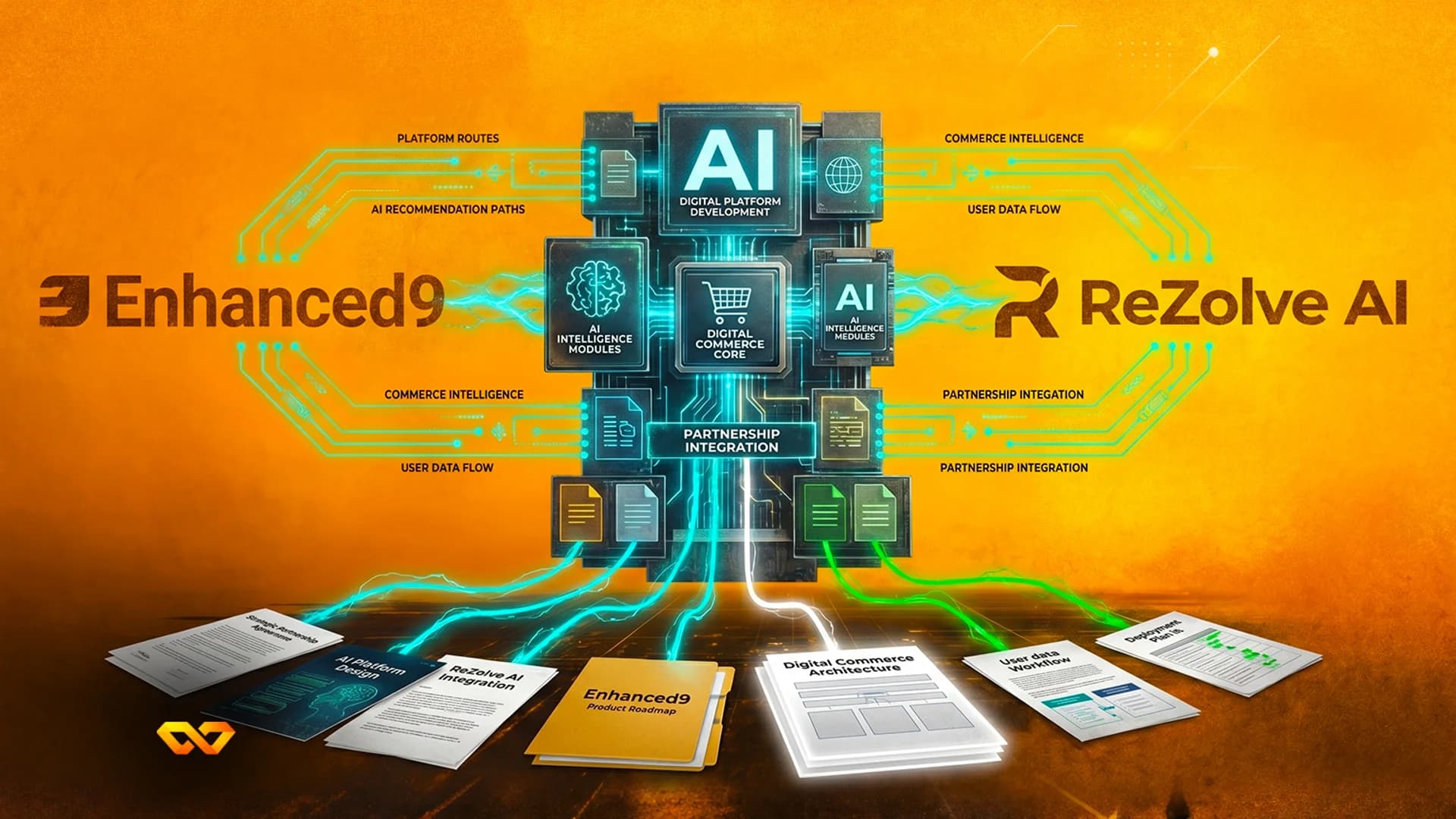 Digital illustration of a central AI hub connecting Enhanced9 and ReZolve AI logos with data flow lines and documents.