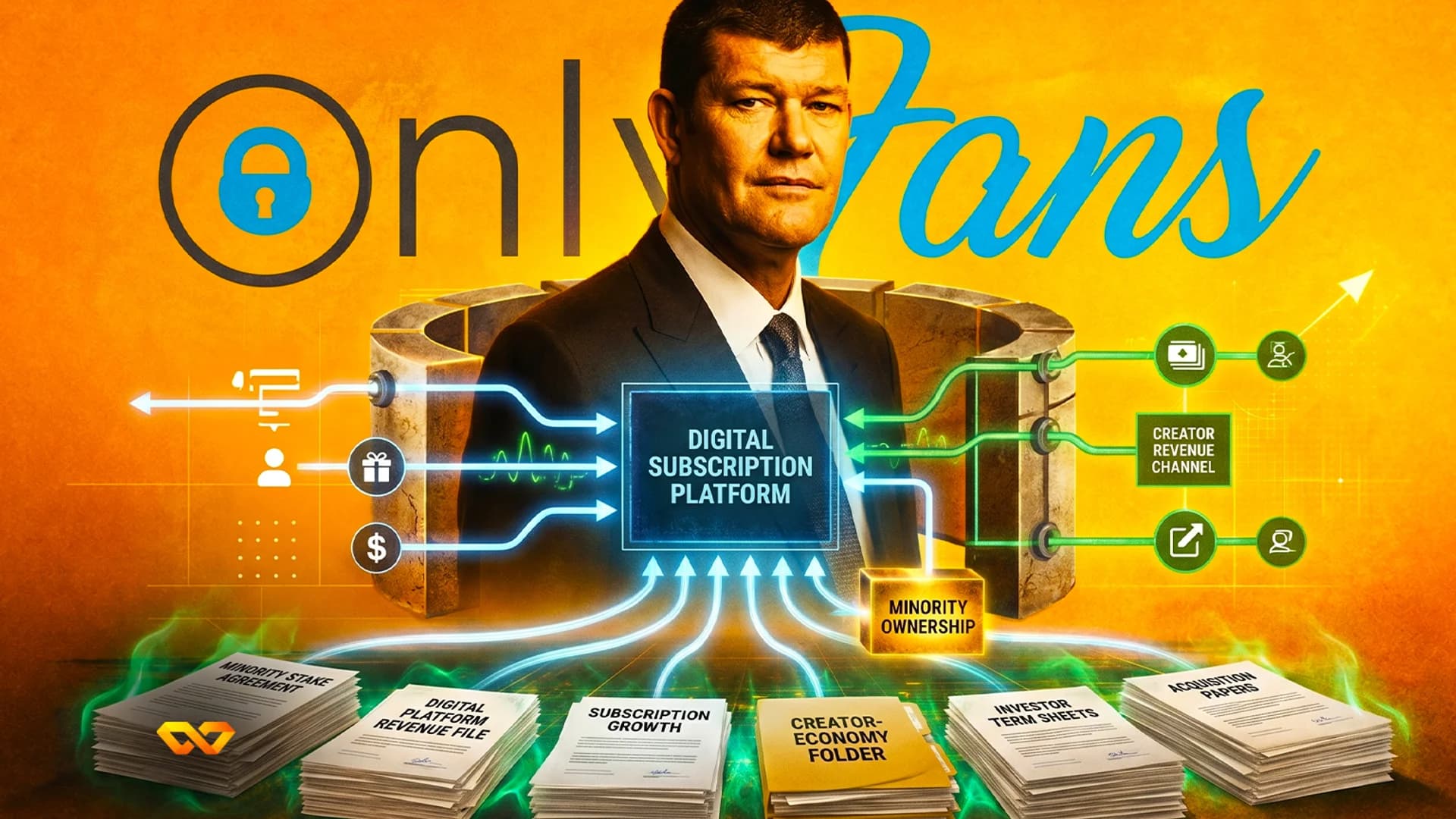 Digital illustration of a man in a suit before an OnlyFans logo, with business diagrams and stacks of documents.
