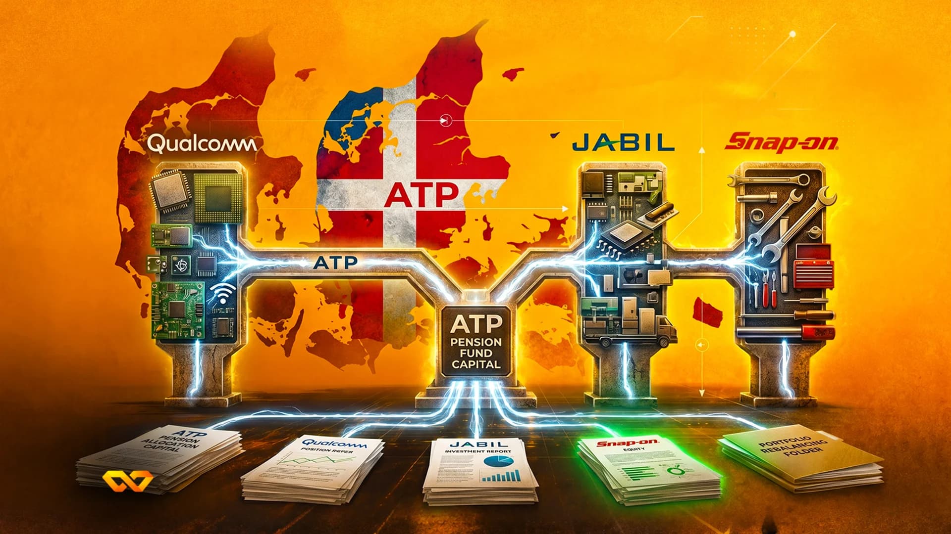 Illustration of ATP Pension Fund connecting to Qualcomm, Jabil, and Snap-on logos over a map of Denmark.