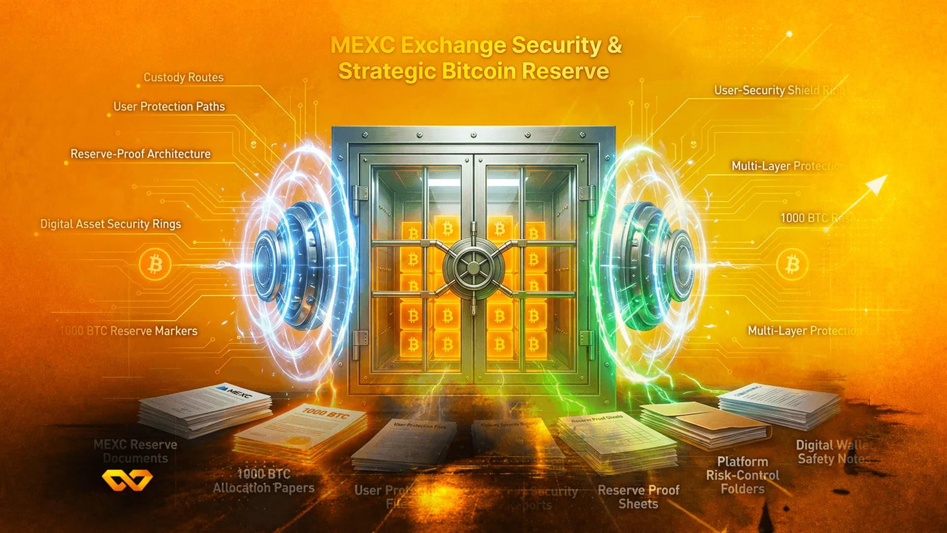 Digital vault with Bitcoin-branded blocks, glowing rings, and stacks of documents on an orange background.