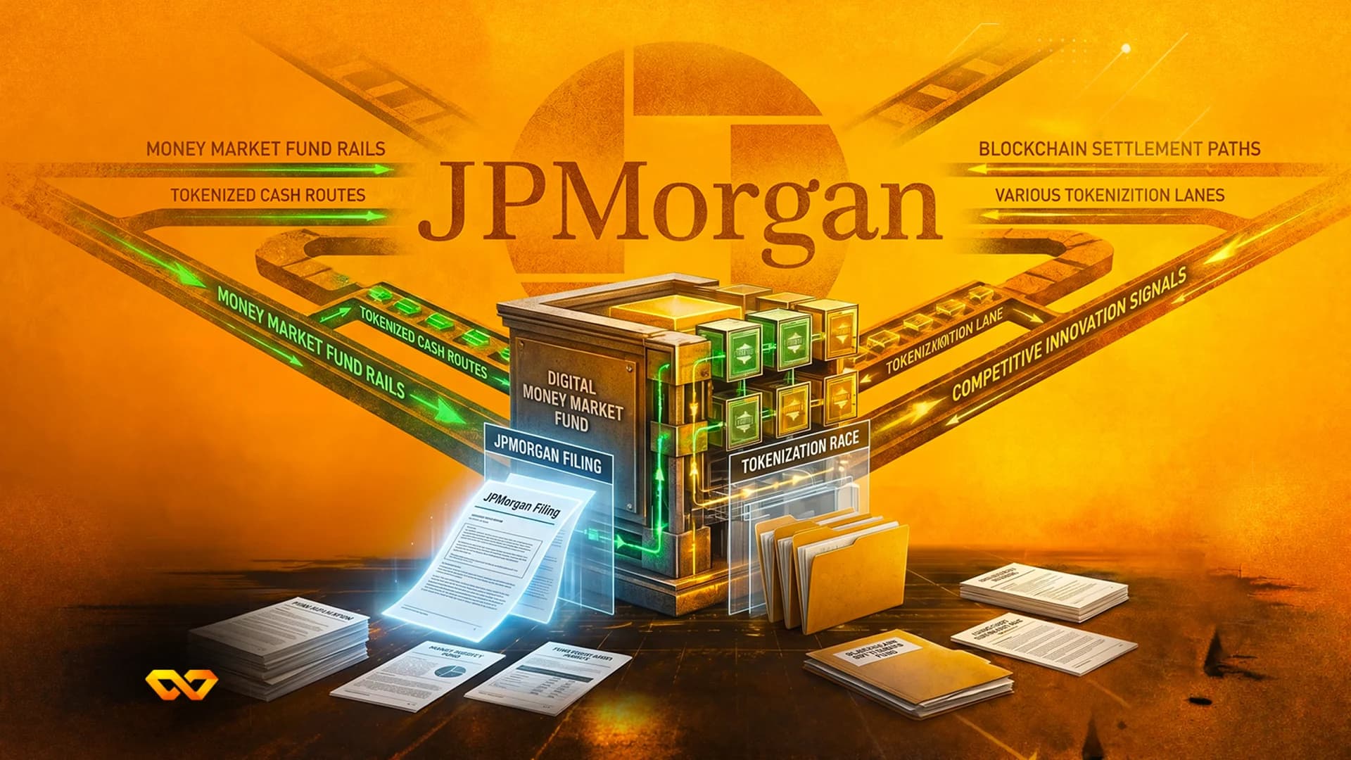 Digital illustration of a JPMorgan vault with glowing green paths labeled money market fund rails and tokenized cash.