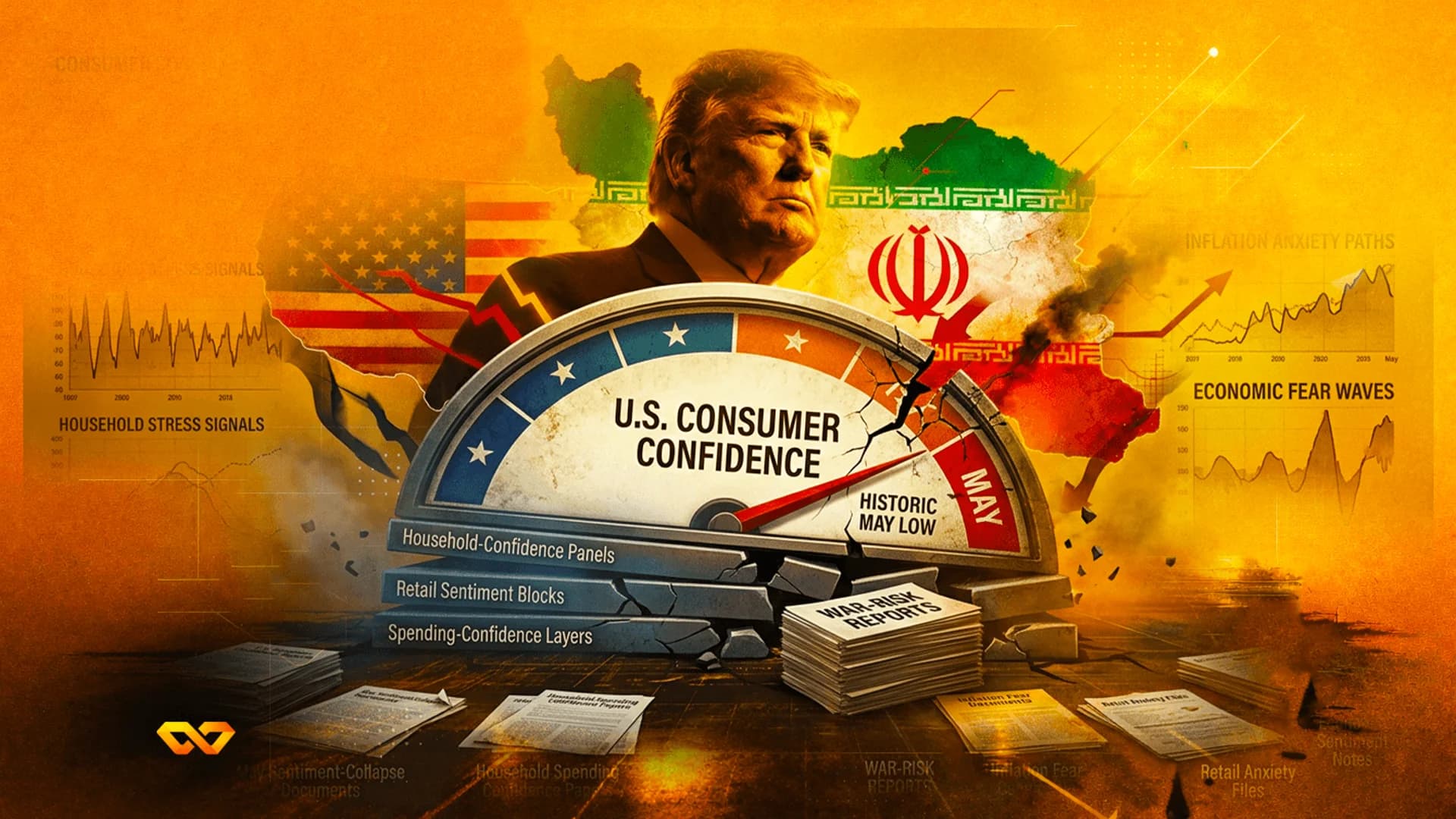 Donald Trump's portrait over a broken U.S. Consumer Confidence gauge with American and Iranian flags and charts.