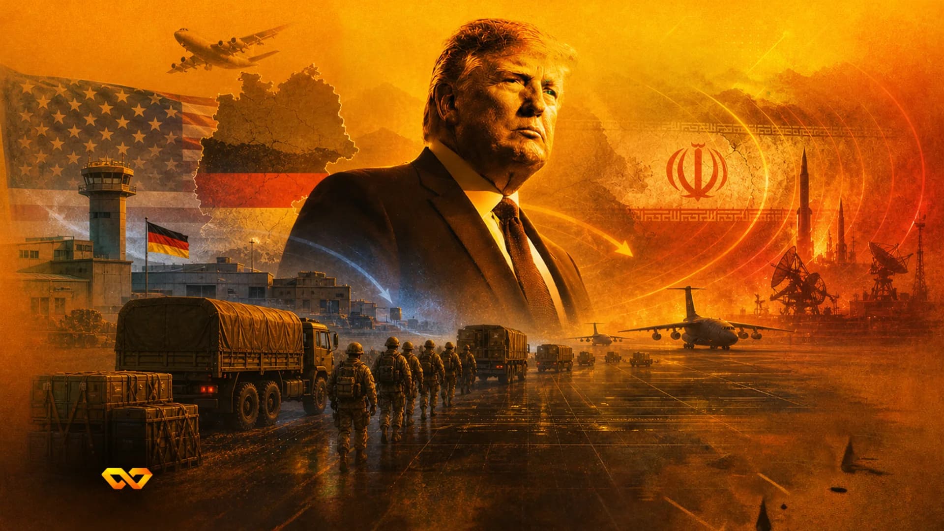 Collage of Donald Trump, military vehicles, aircraft, and flags of the US, Germany, and Iran in orange tones.
