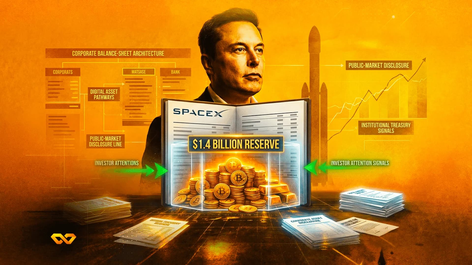 Digital illustration of Elon Musk with a SpaceX ledger, Bitcoin coins, gold bars, and financial charts.