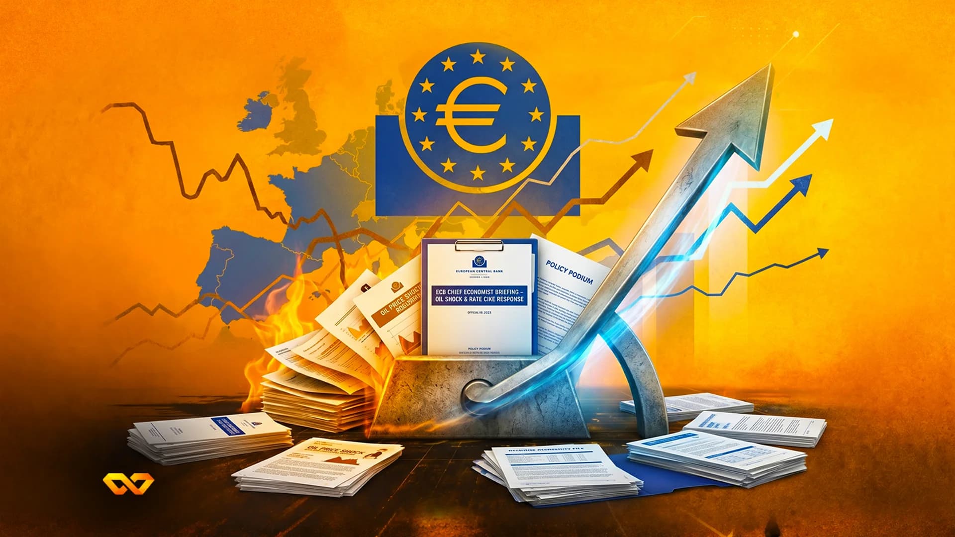 Illustration of the European Central Bank logo over a map of Europe with a rising arrow and stacks of documents.