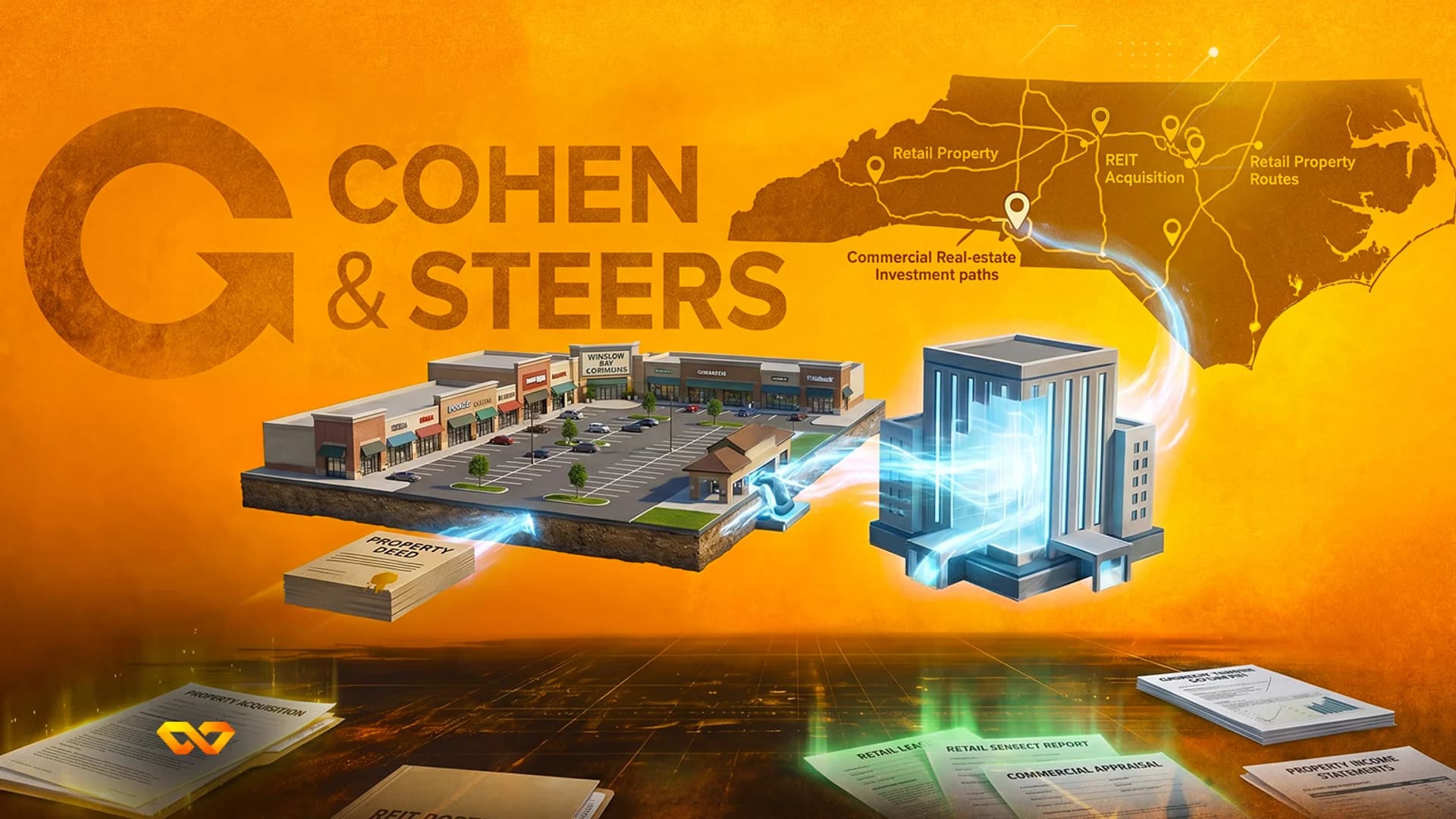 Cohen & Steers logo with a map of North Carolina, a shopping center model, and real estate investment documents.