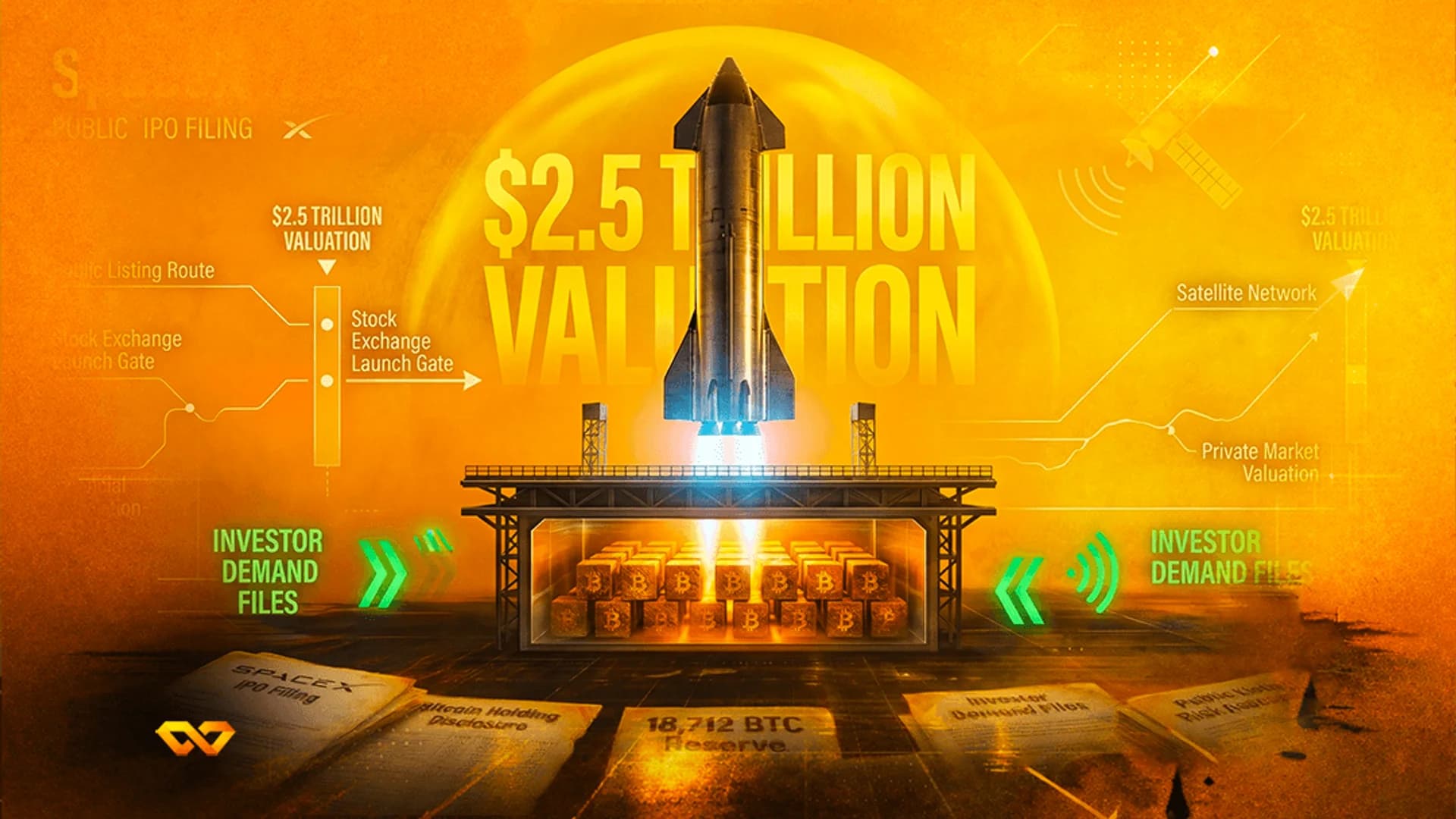 A rocket launching from a platform with gold bars and documents, featuring a $2.5 trillion valuation text overlay.