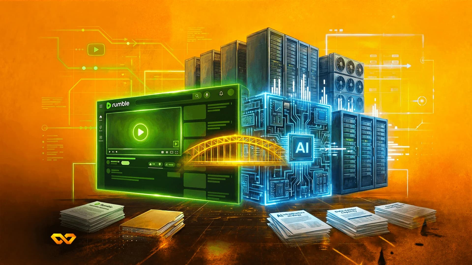 Digital illustration of a Rumble video player interface connected to an AI cube and server racks.