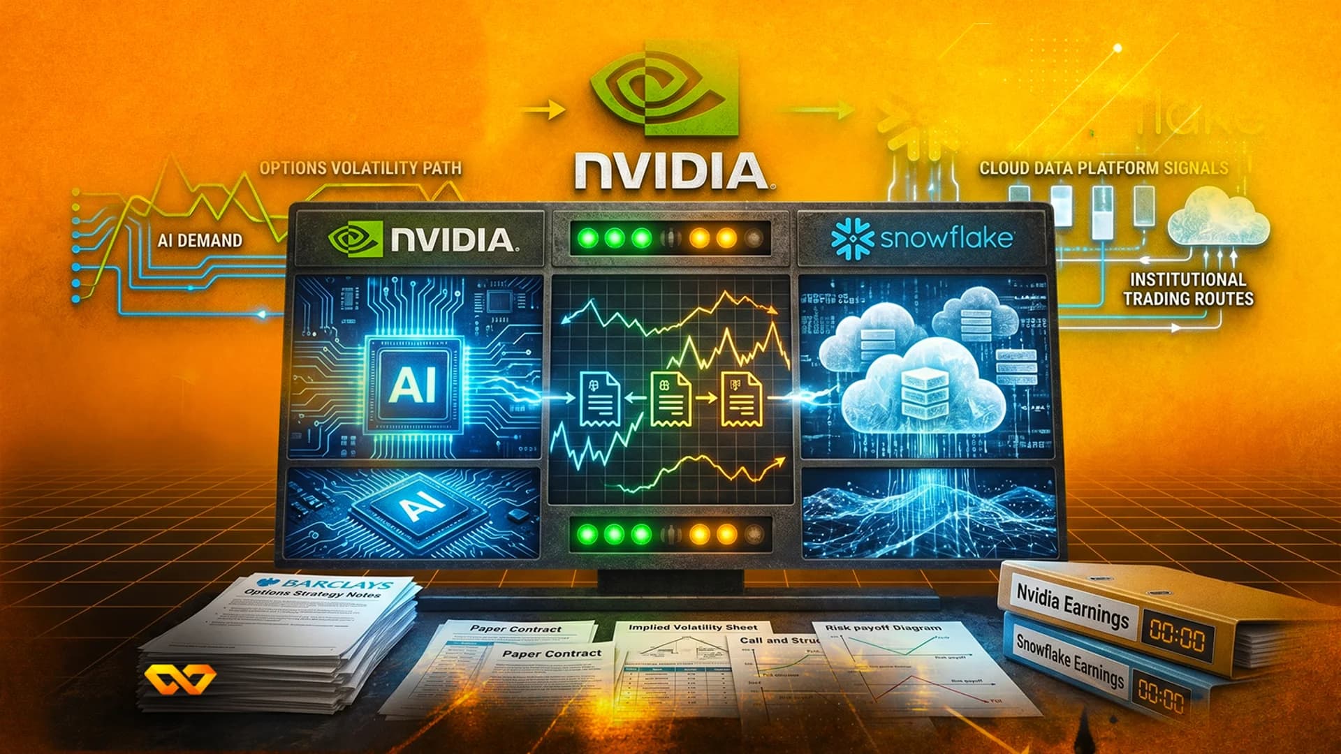 Digital illustration of a screen showing Nvidia and Snowflake logos, charts, and AI chips on a desk with documents.