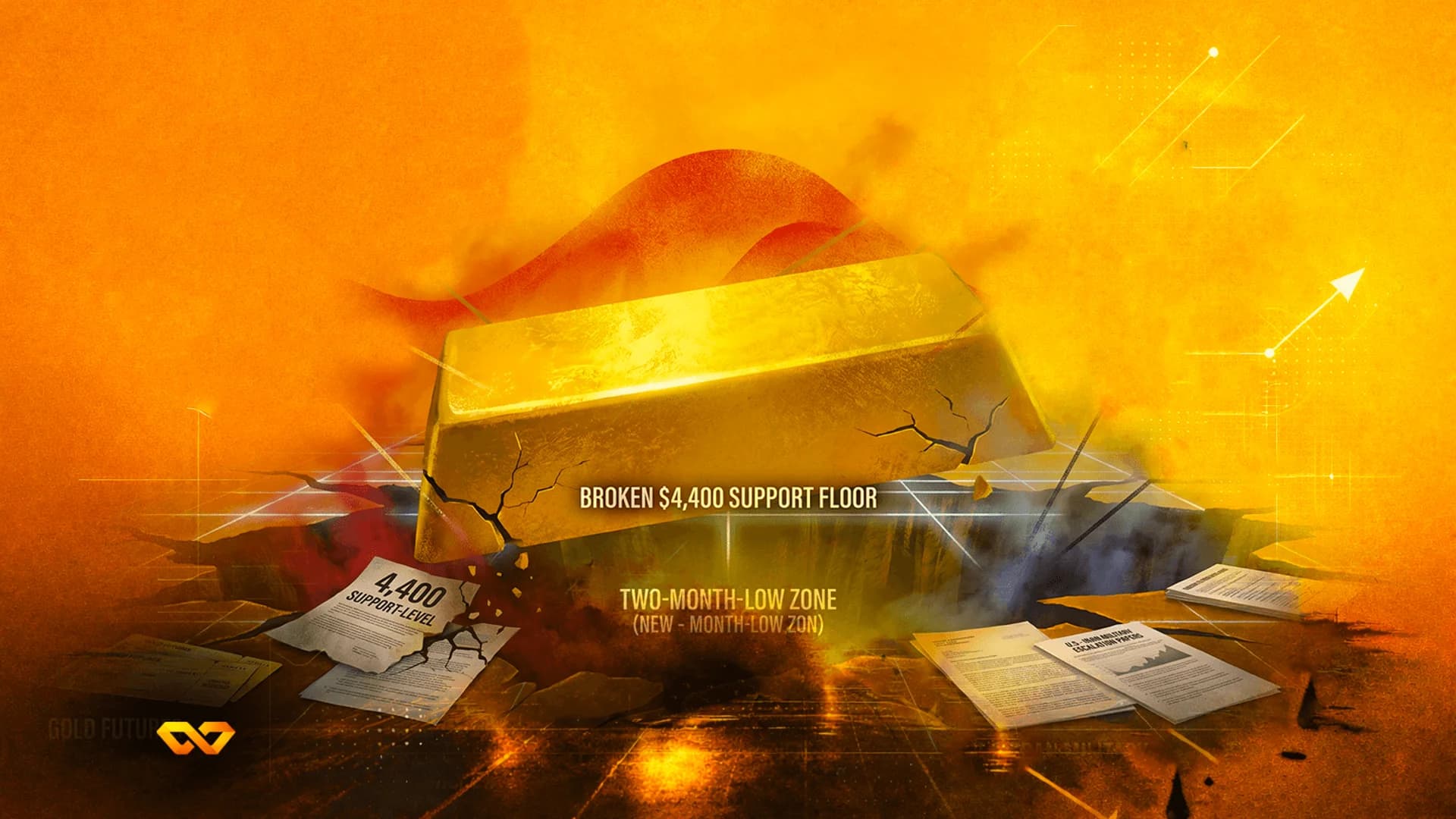 A cracked gold bar rests over a dark pit in a grid floor against an orange background with scattered papers.