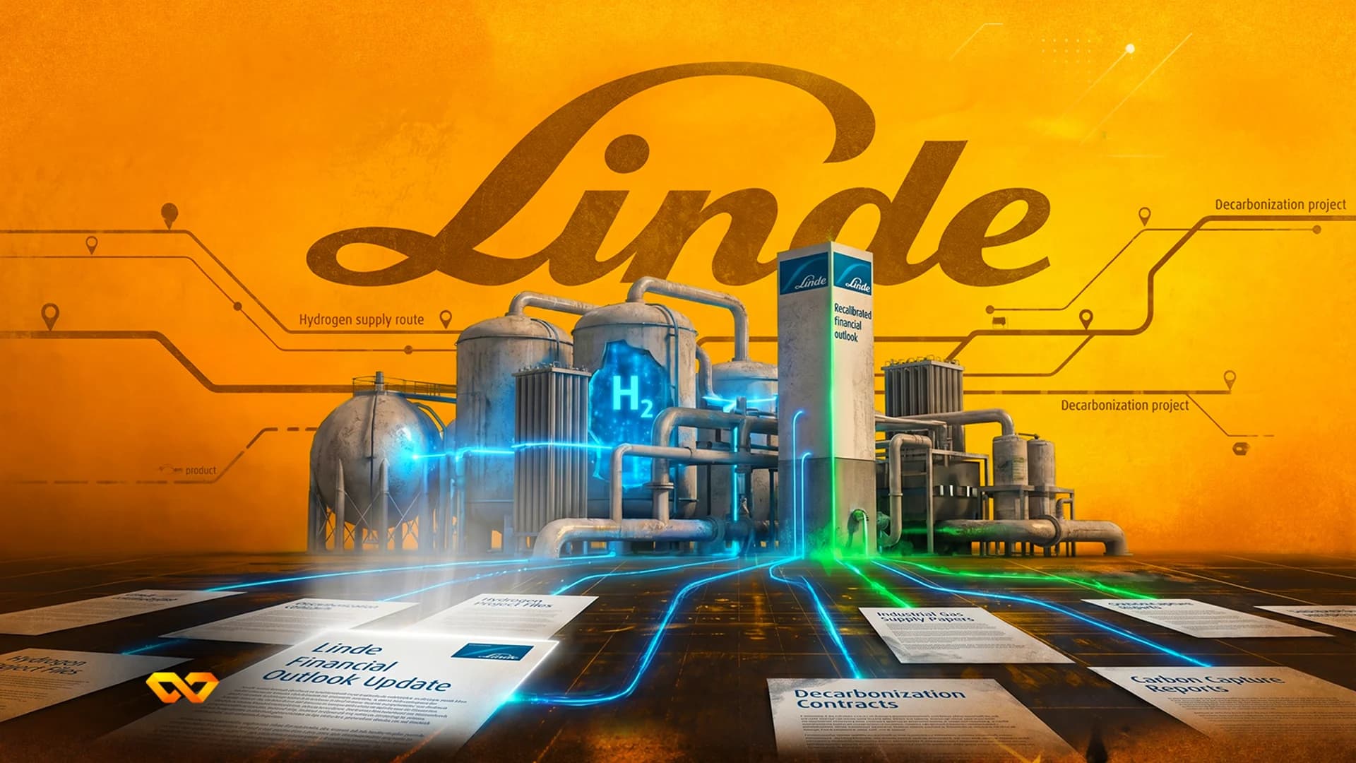 Stylized illustration of a Linde industrial facility with financial documents and glowing data lines on orange background.