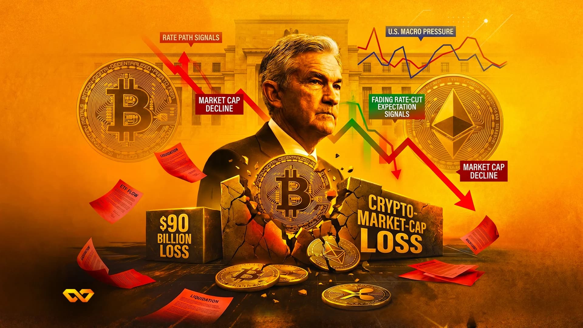 Jerome Powell's portrait with the Federal Reserve building, red downward arrows, and cracked cryptocurrency coins.