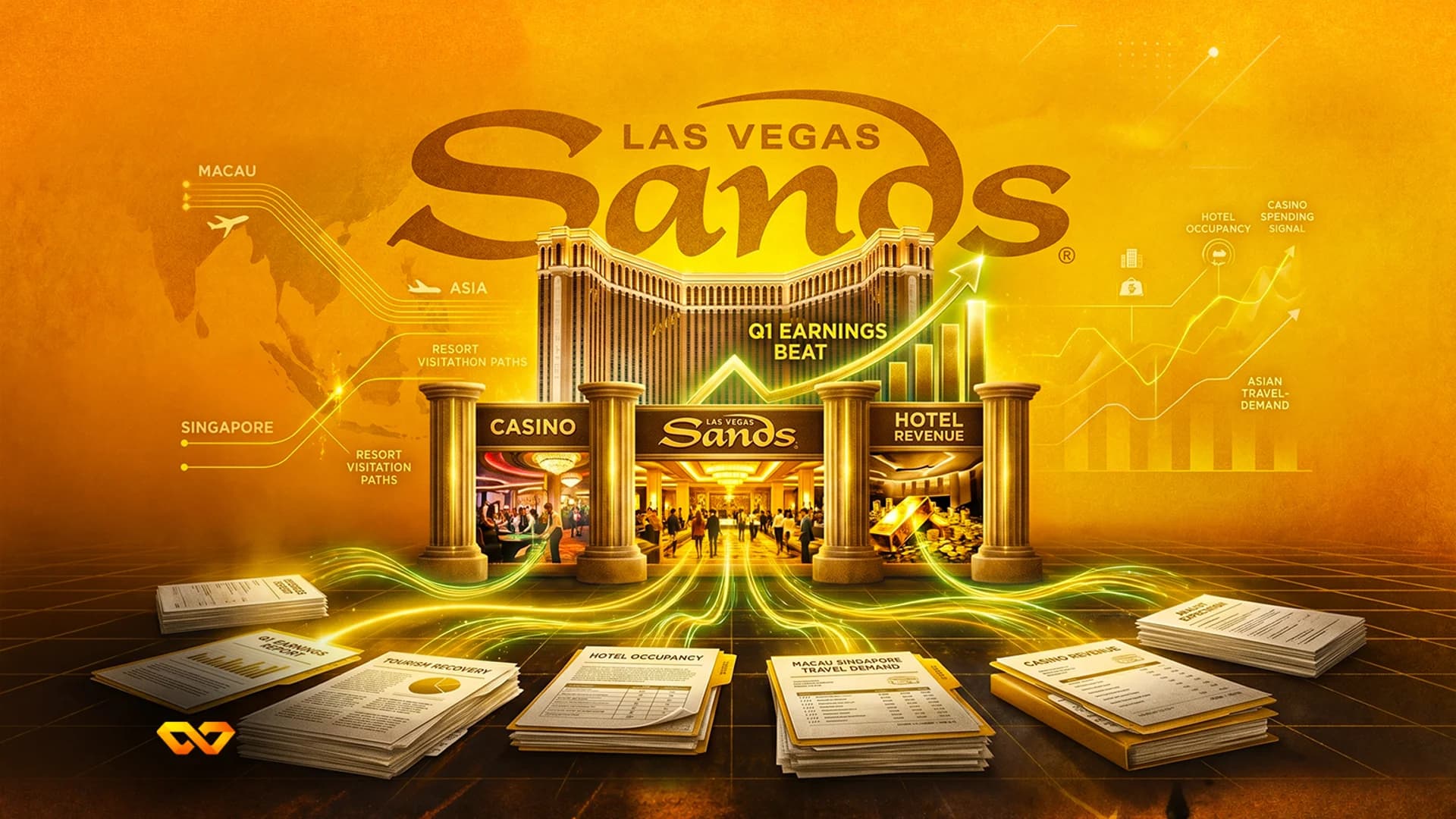 Gold-toned illustration with Las Vegas Sands logo, a resort building, financial charts, and earnings reports.