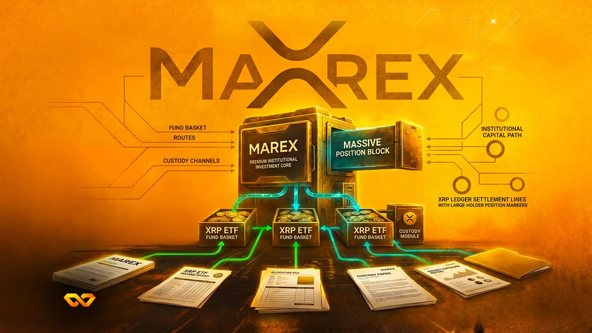 Orange-toned illustration of a financial machine labeled Marex with XRP ETF fund baskets and documents.