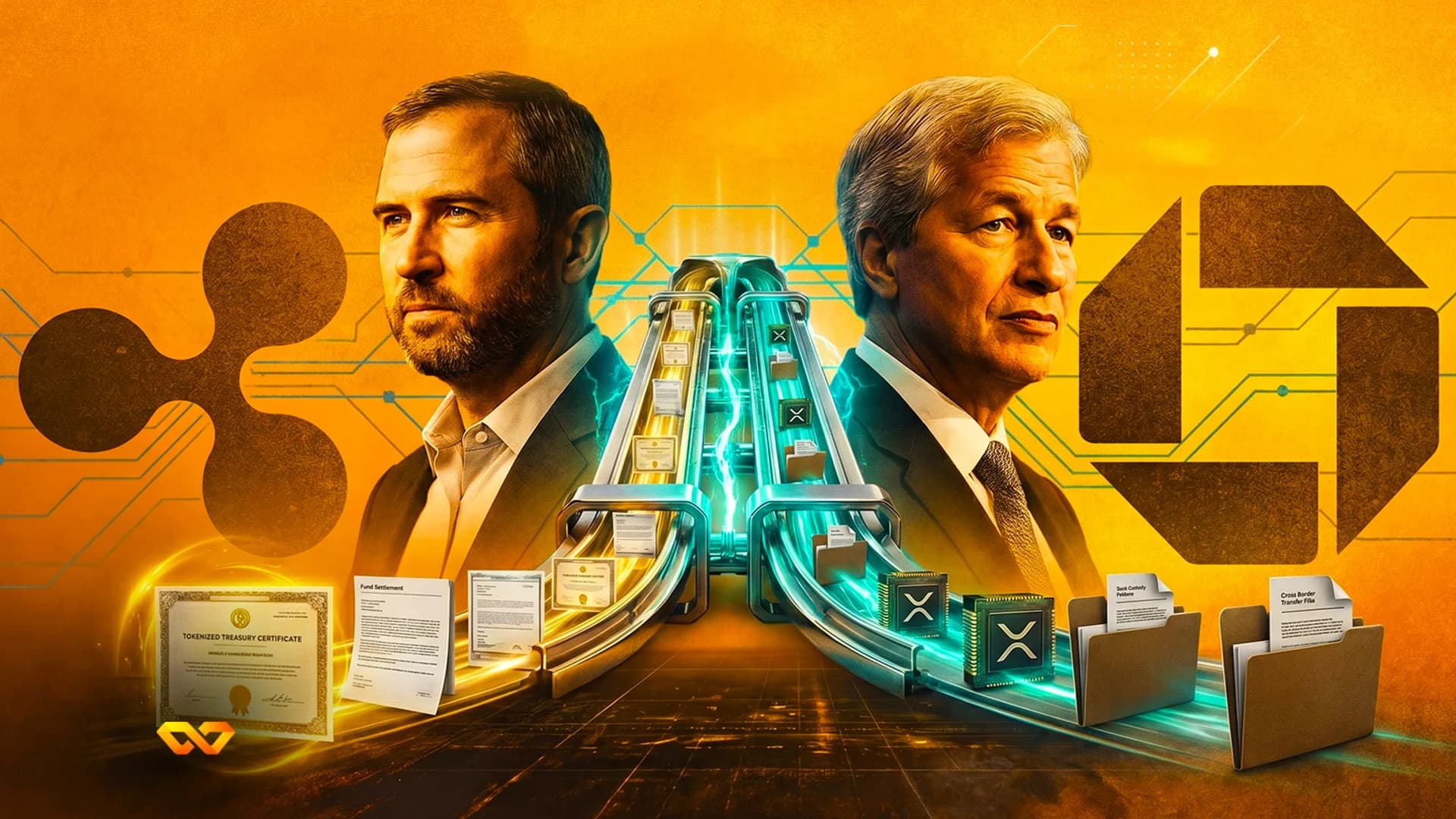 Portraits of Brad Garlinghouse and Jamie Dimon with Ripple and JPMorgan logos and digital document pipelines.