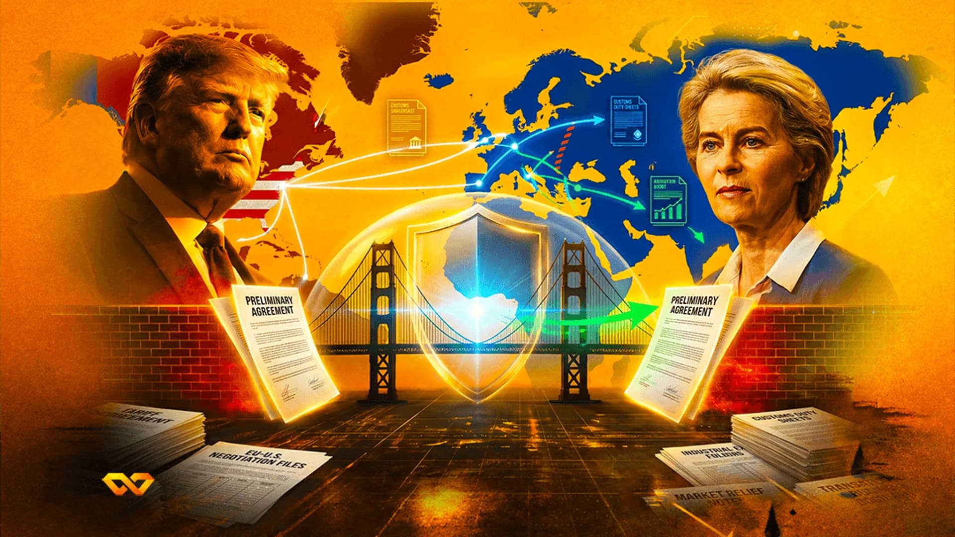 Digital illustration of Donald Trump and Ursula von der Leyen facing each other over a bridge, shield, and trade papers.