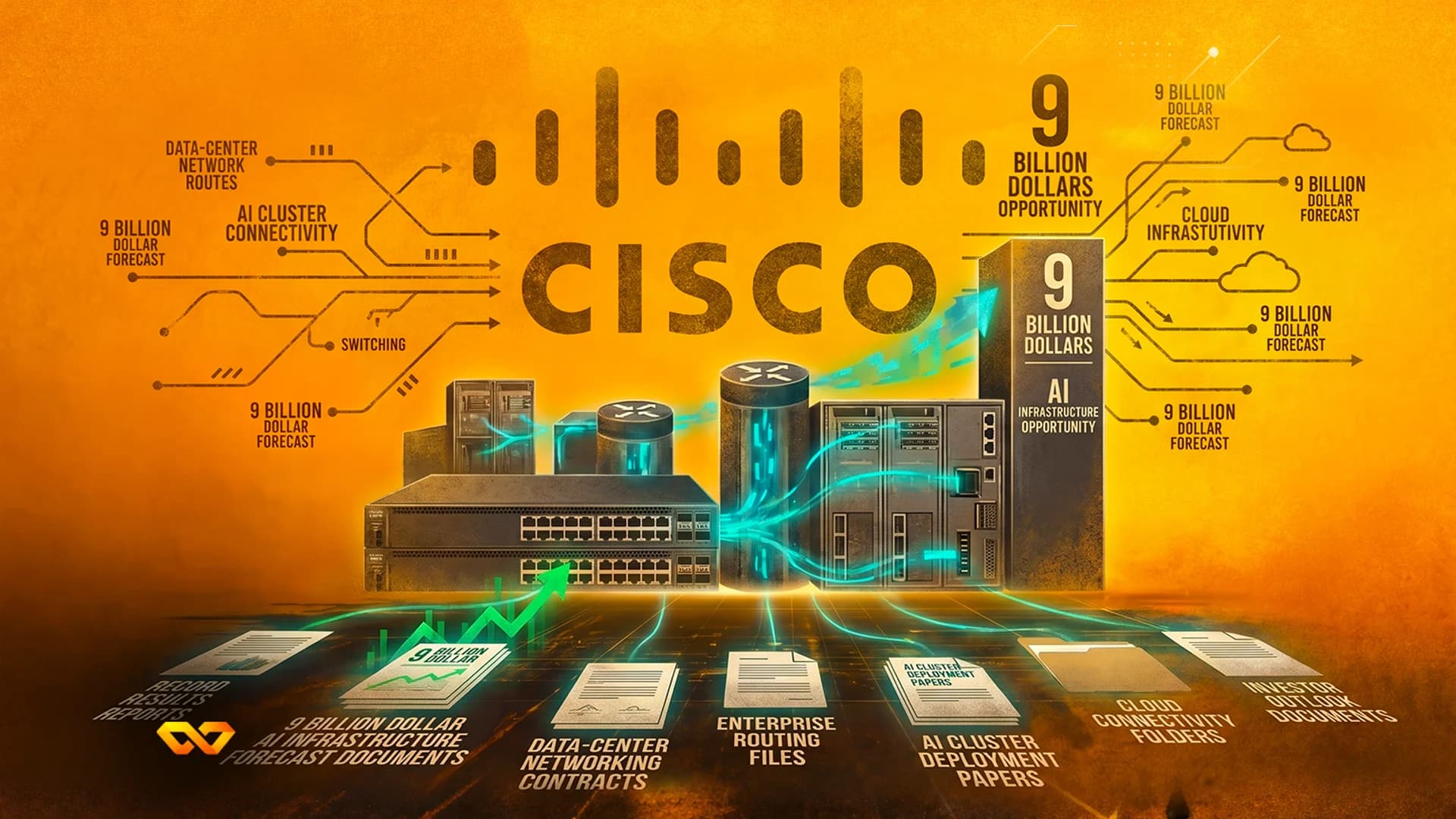 Cisco logo above networking hardware and documents with AI infrastructure text on a textured orange background.