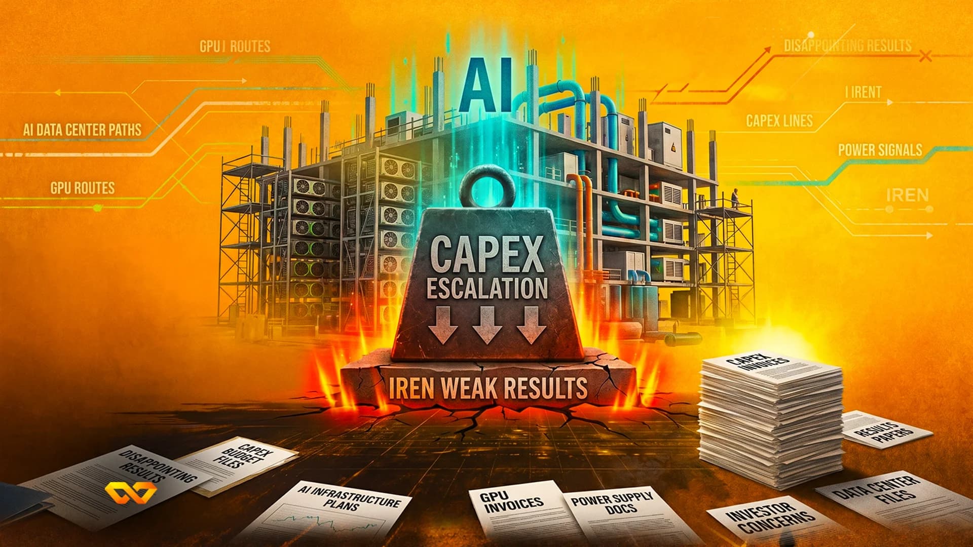 Digital illustration of a data center under construction with a large weight labeled CAPEX ESCALATION crushing a base.