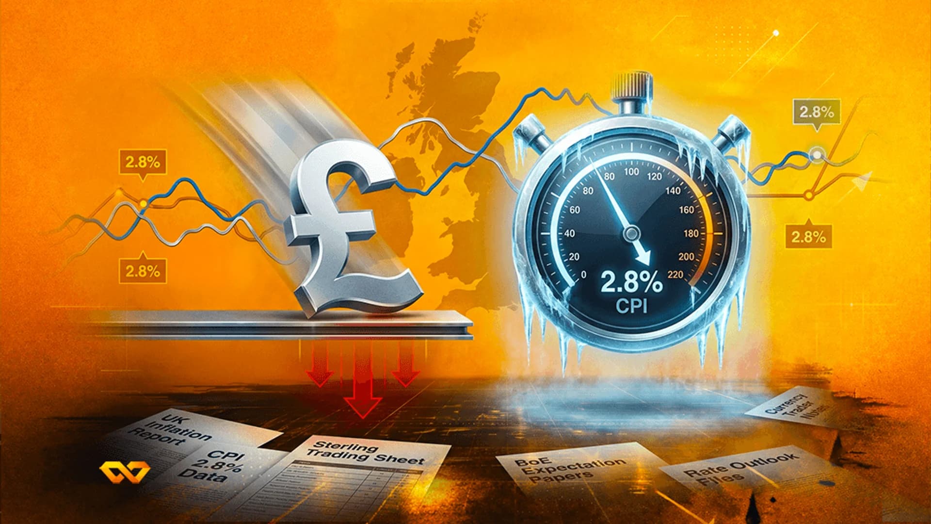 Silver pound symbol sliding down a ramp next to an ice-covered stopwatch showing 2.8% CPI over a map of the UK.