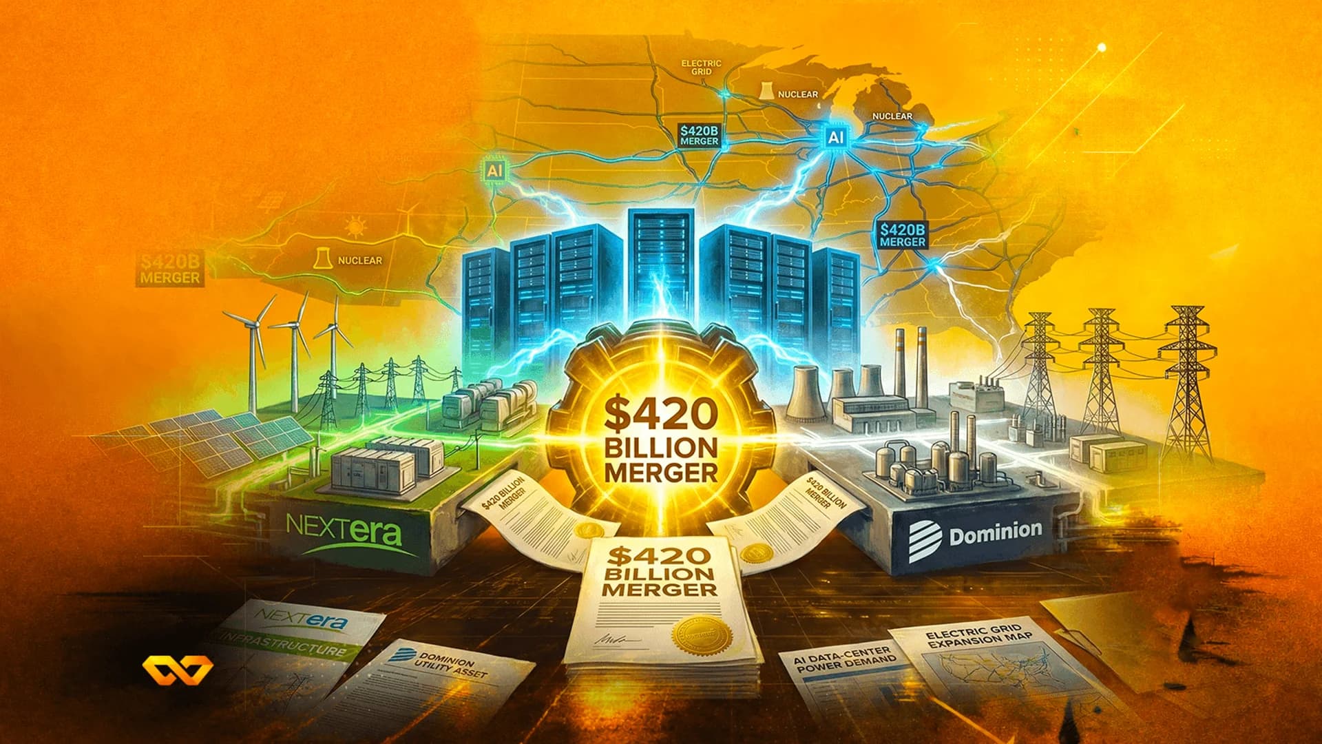 Digital illustration of a merger between NextEra and Dominion with power infrastructure, data centers, and a US map.